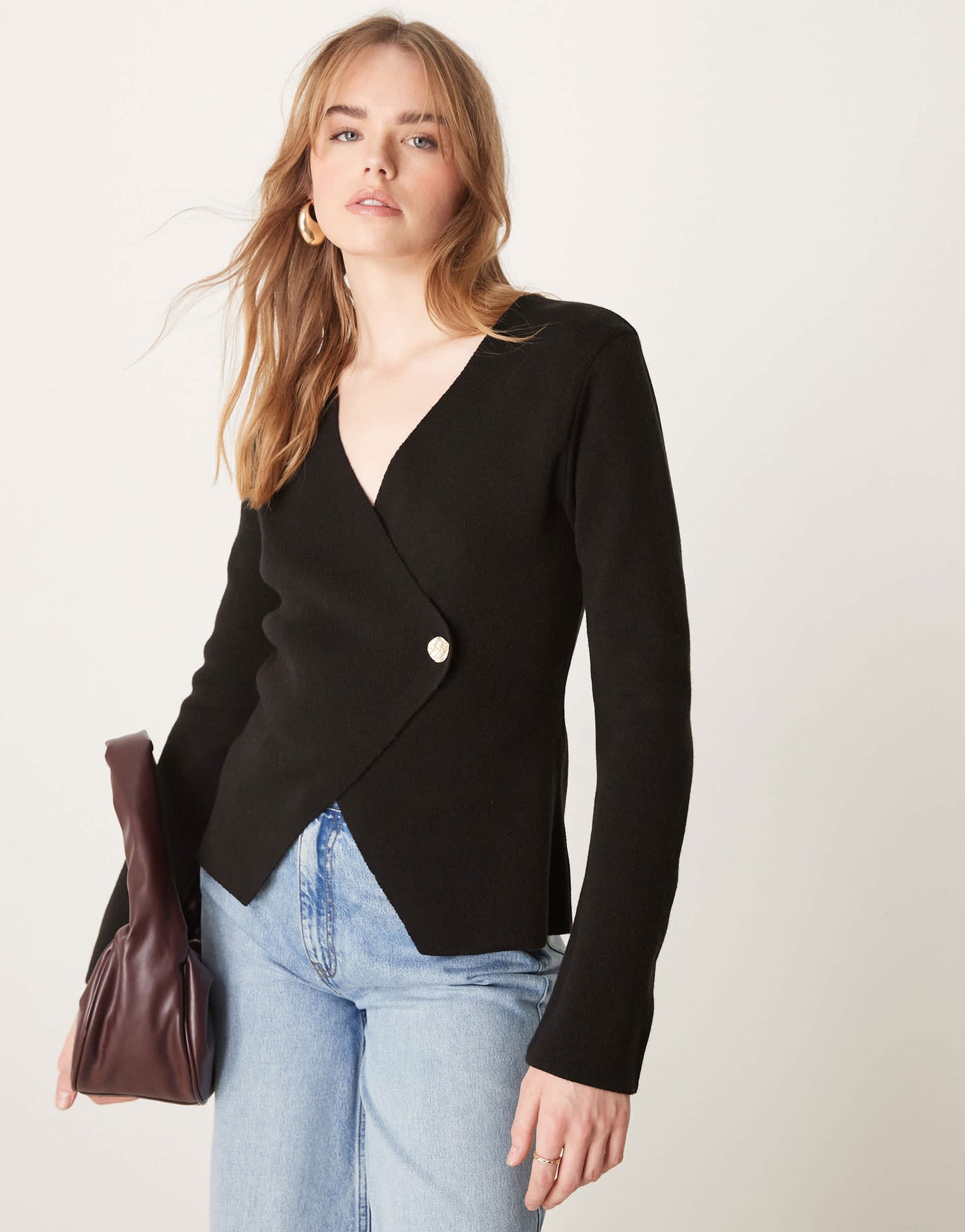 ASOS DESIGN asymmetric compact knit cardigan with large button in black