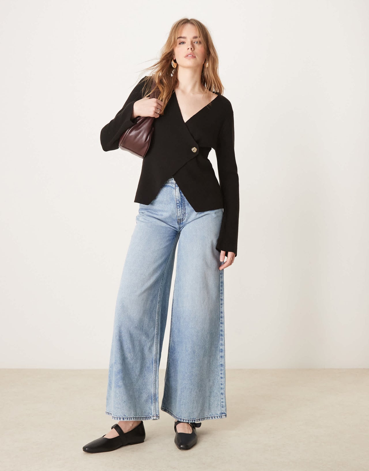 ASOS DESIGN asymmetric compact knit cardigan with large button in black