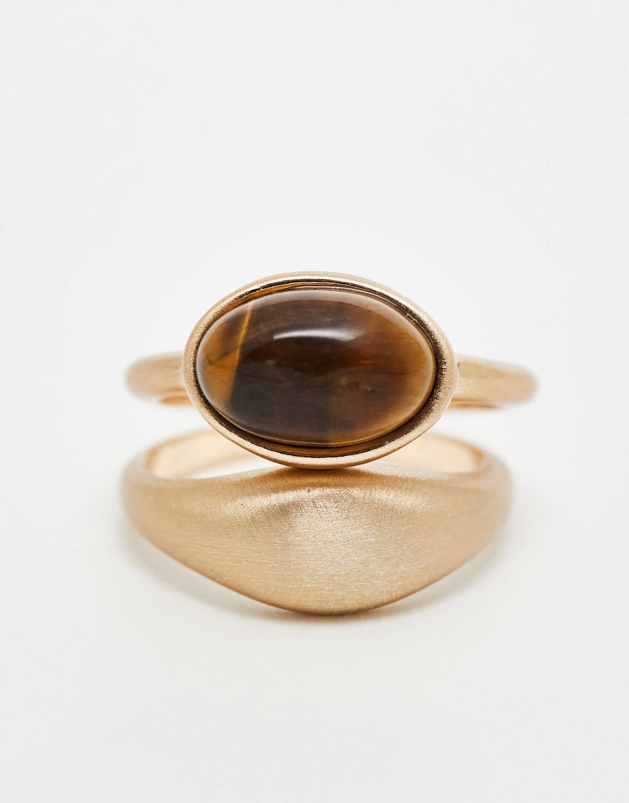 ASOS DESIGN pack of 2 stone set rings with real tigers eye in brushed gold tone