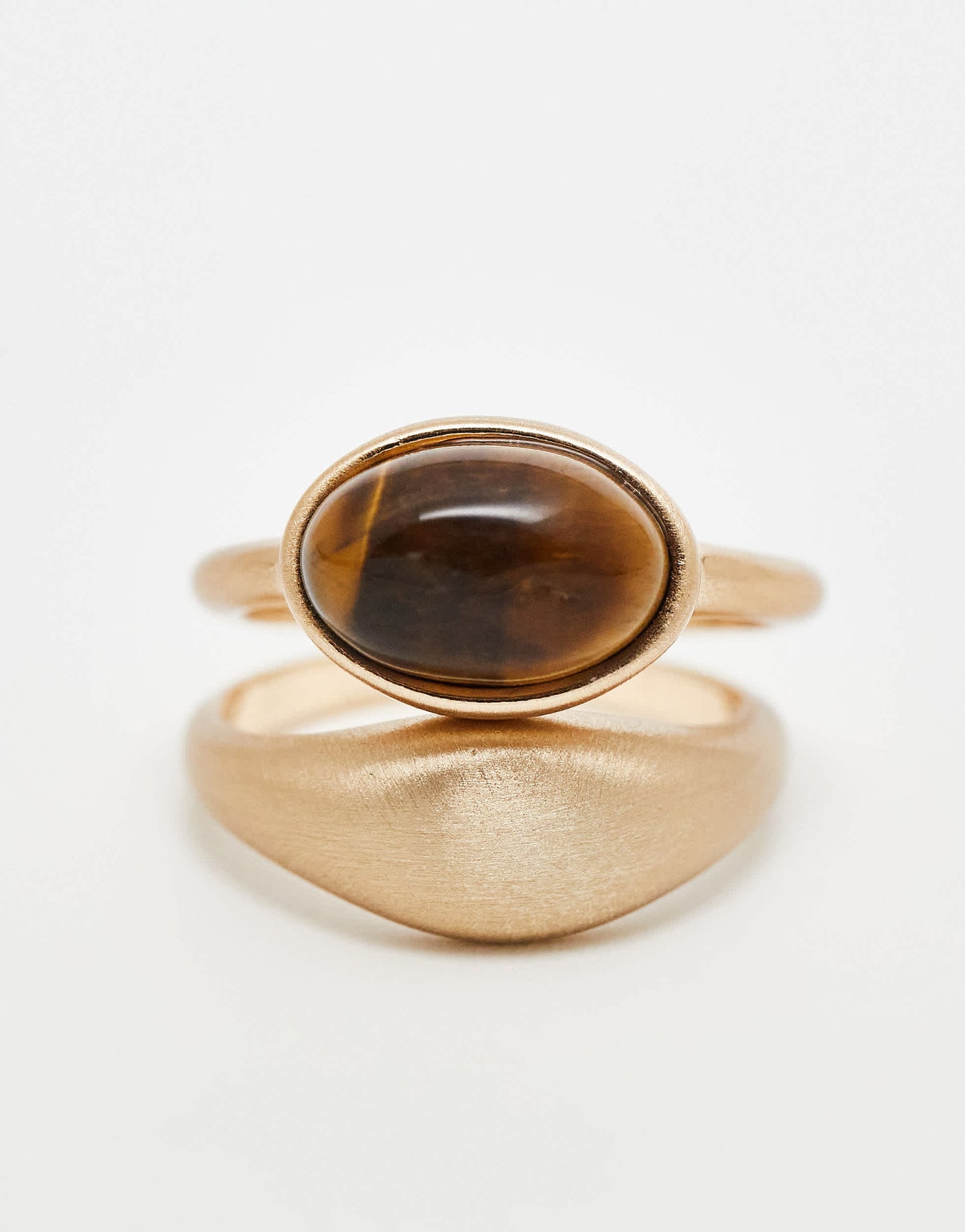 ASOS DESIGN pack of 2 stone set rings with real tigers eye in brushed gold tone