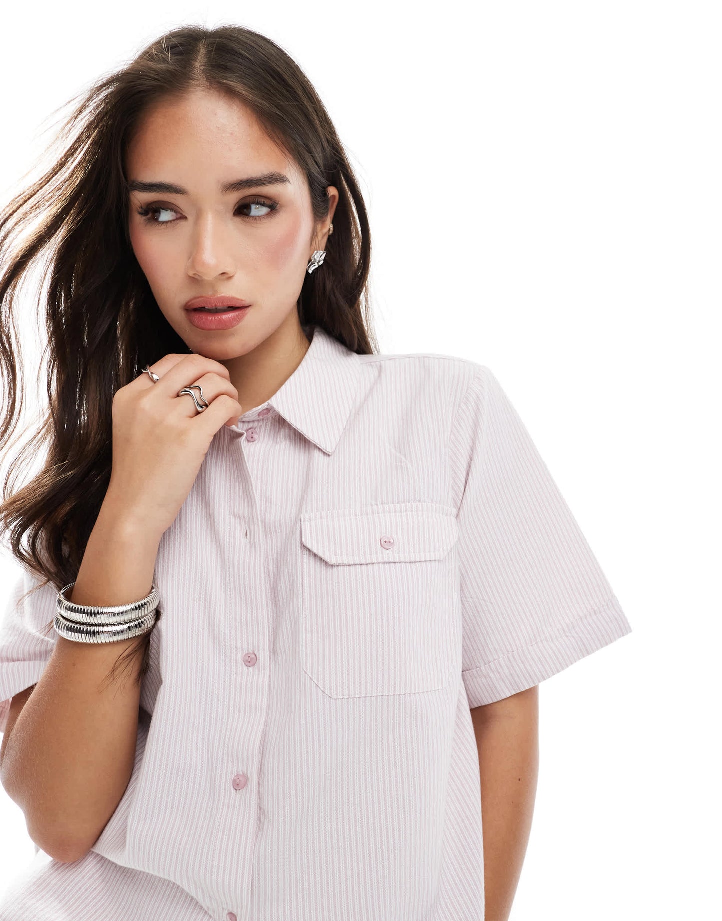 JJXX co-ord oversized cropped shirt in pink stripe