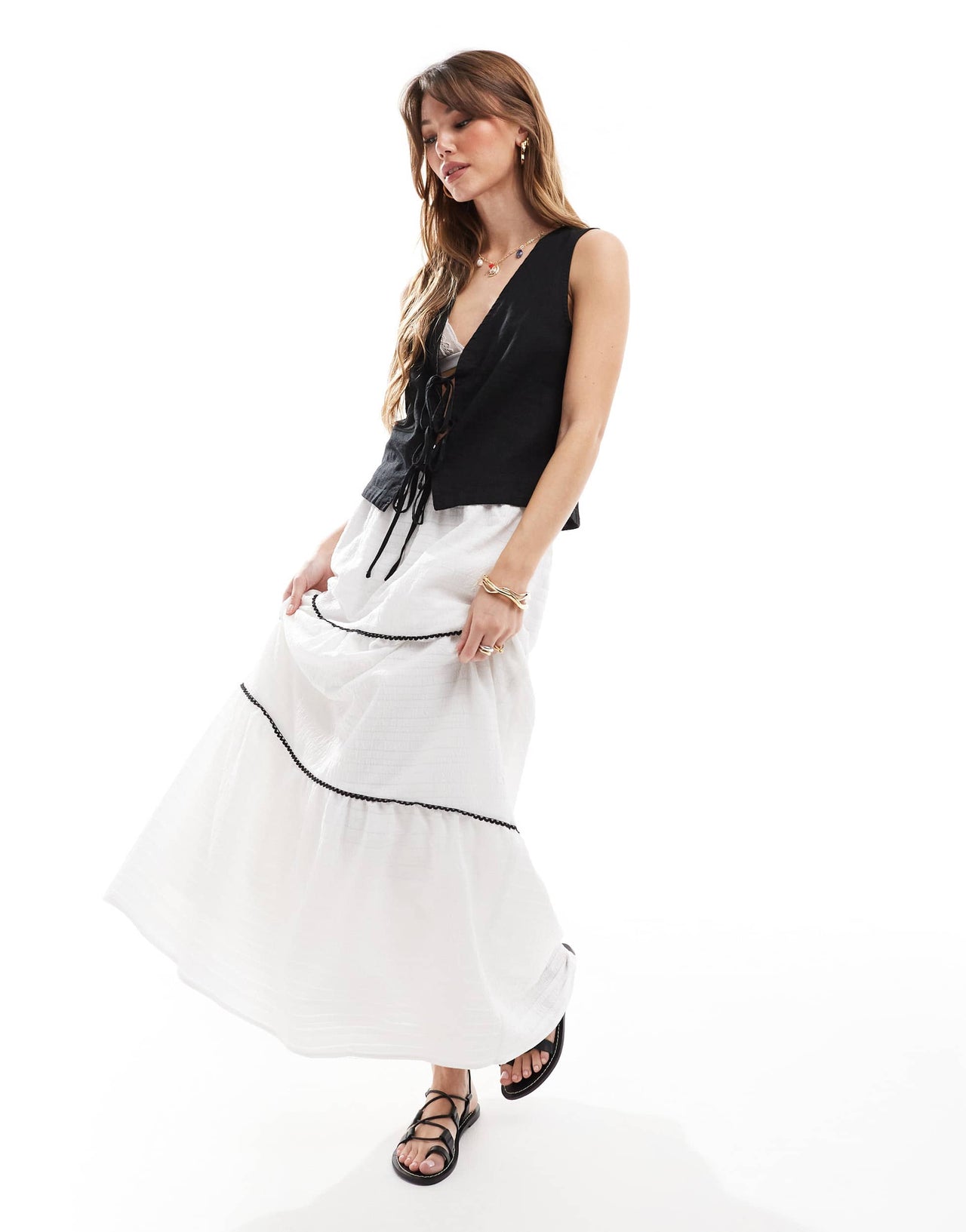 JJXX linen blend tie up waistcoat top in black