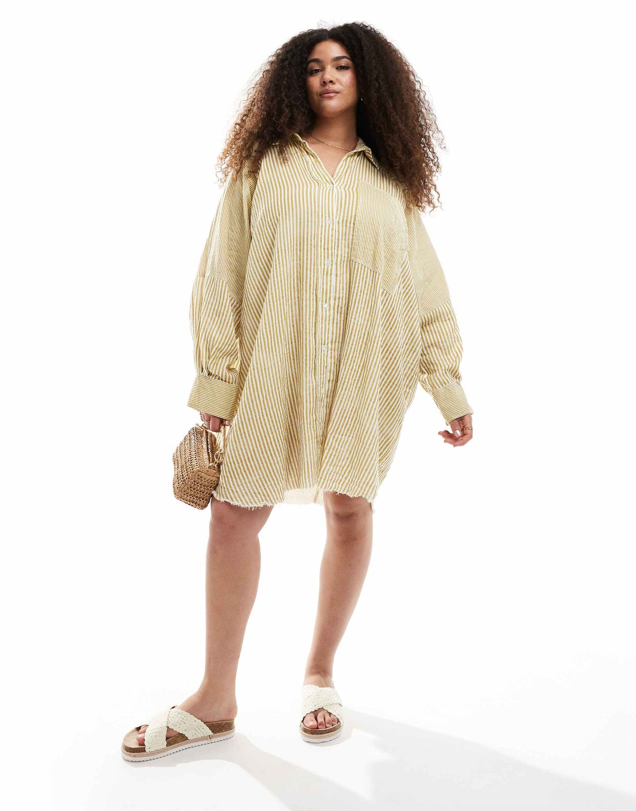 ASOS DESIGN Curve relaxed laundered shirt mini dress in washed lime spliced stripe