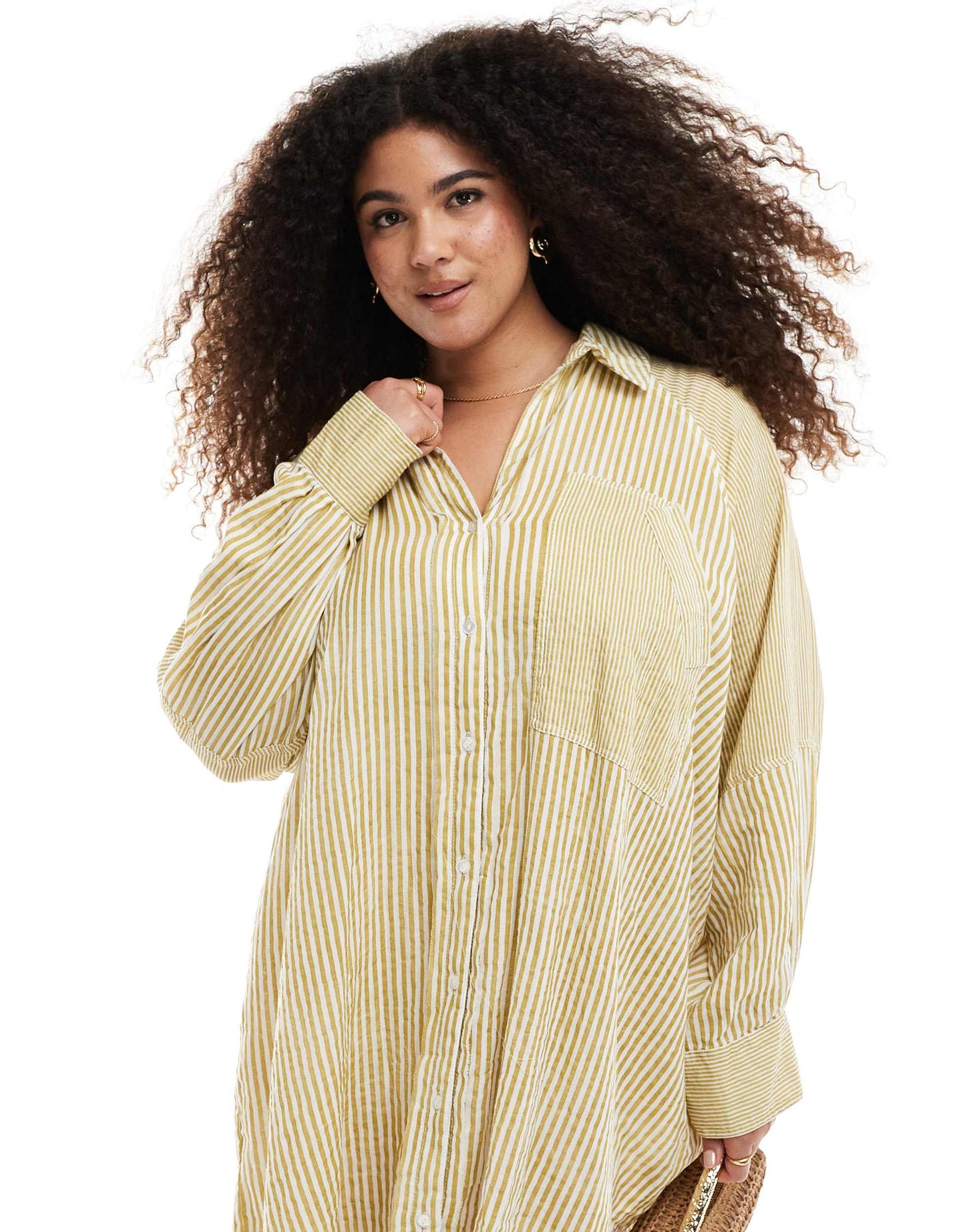 ASOS DESIGN Curve relaxed laundered shirt mini dress in washed lime spliced stripe