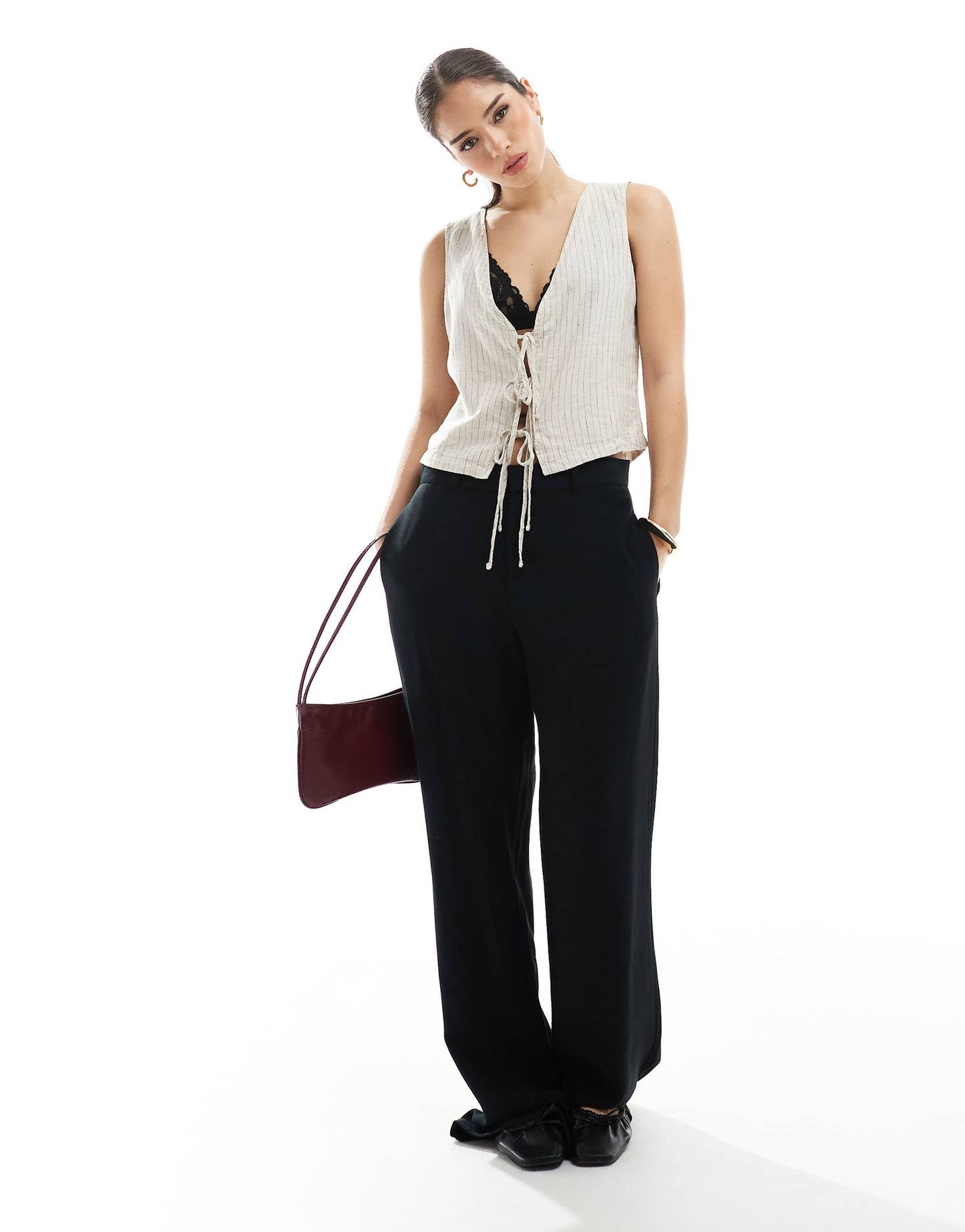 JJXX linen blend tie up waistcoat top in cream stripe
