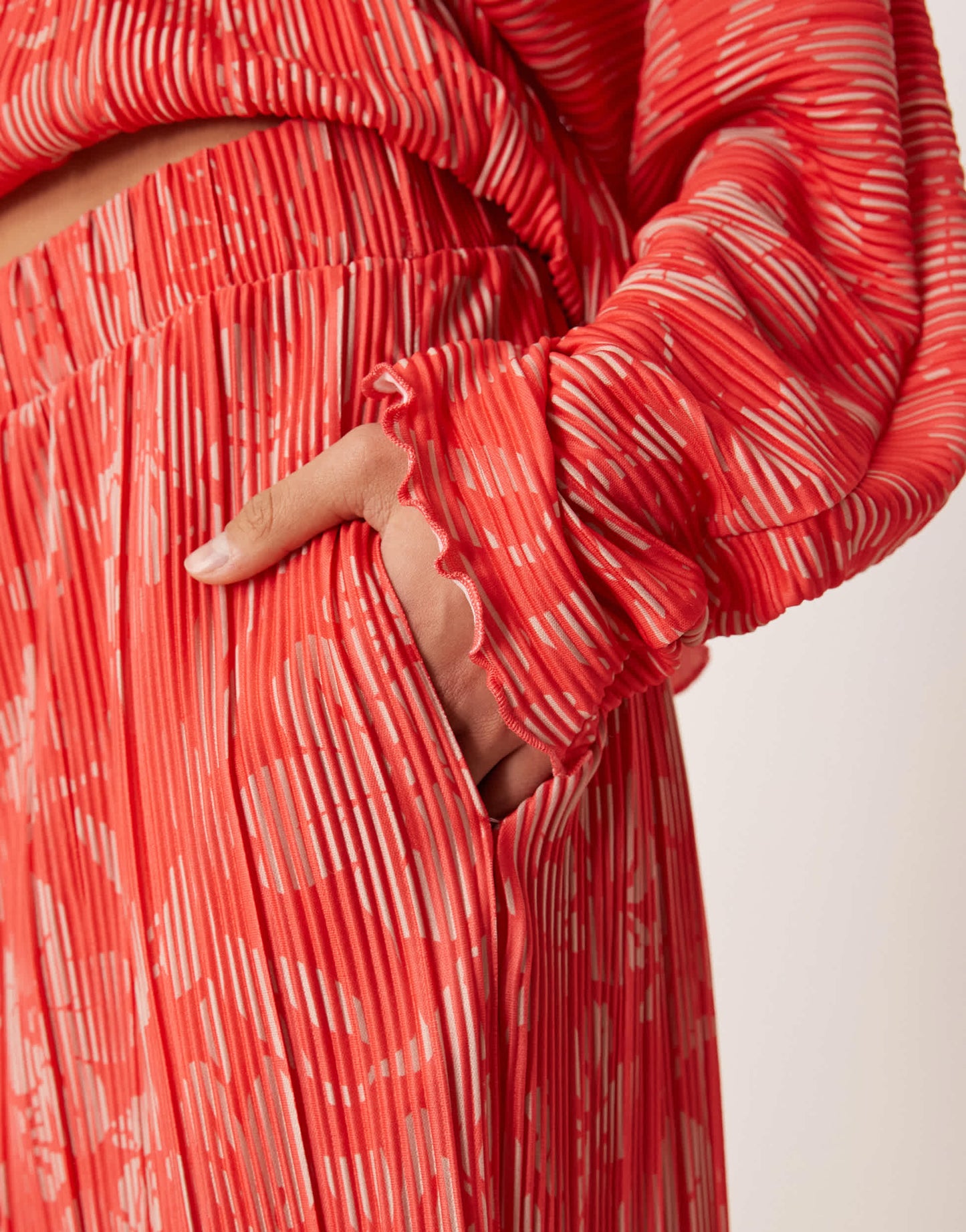 YAS floral printed plisse trouser co-ord in red and pink
