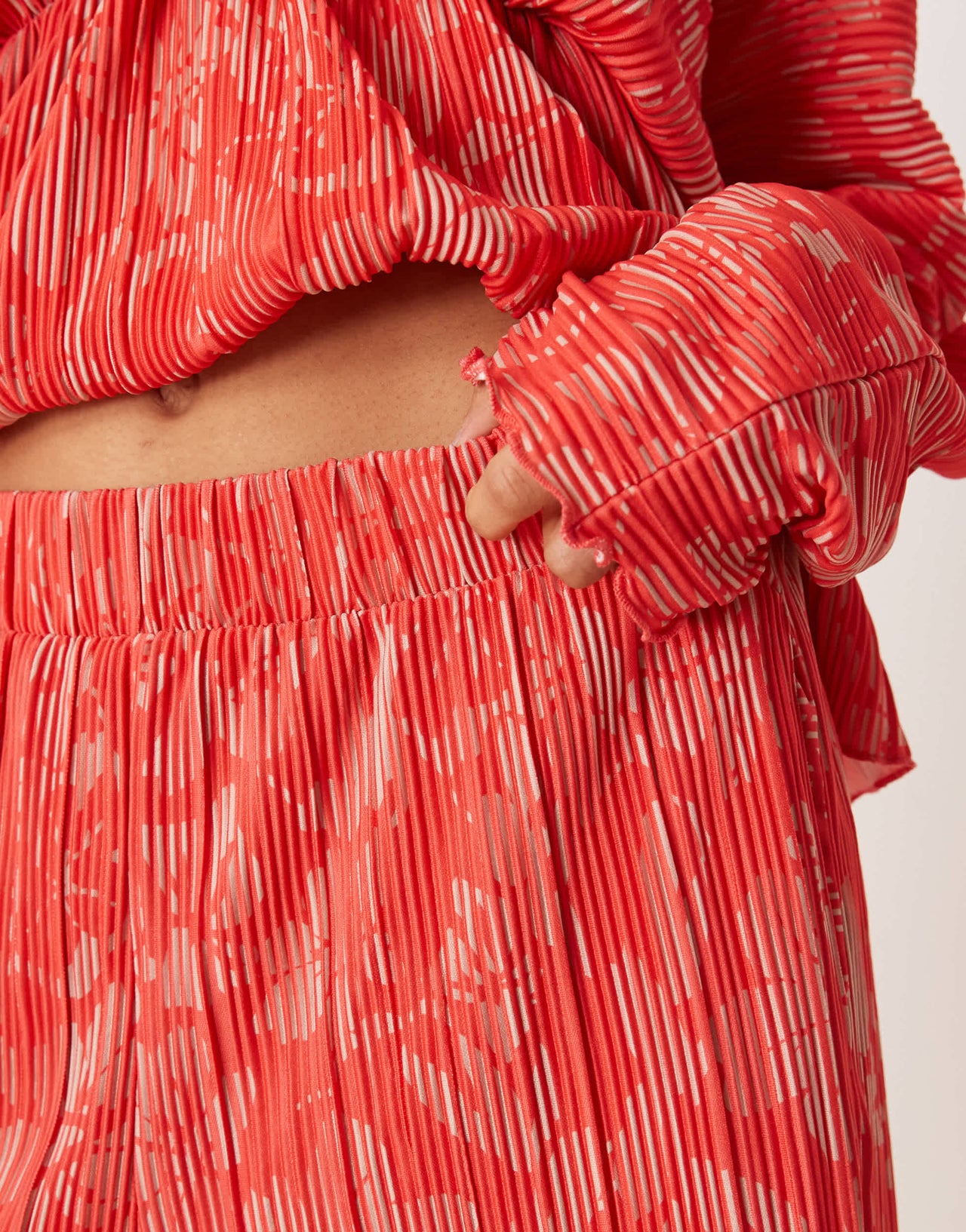 YAS floral printed plisse trouser co-ord in red and pink