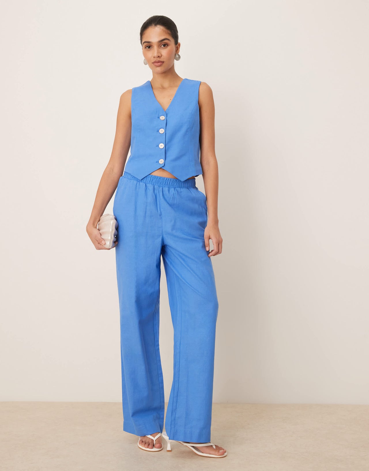 YAS linen touch wide leg trouser co-ord in provence blue