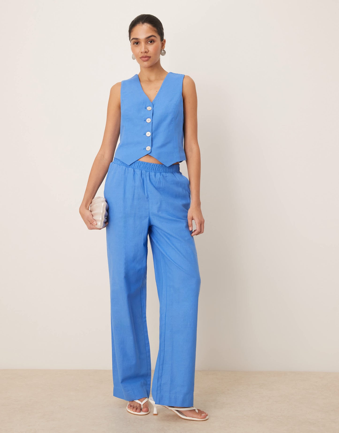 YAS linen touch wide leg trouser co-ord in provence blue