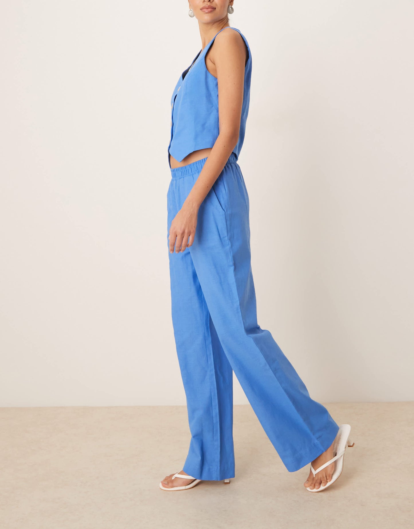 YAS linen touch wide leg trouser co-ord in provence blue