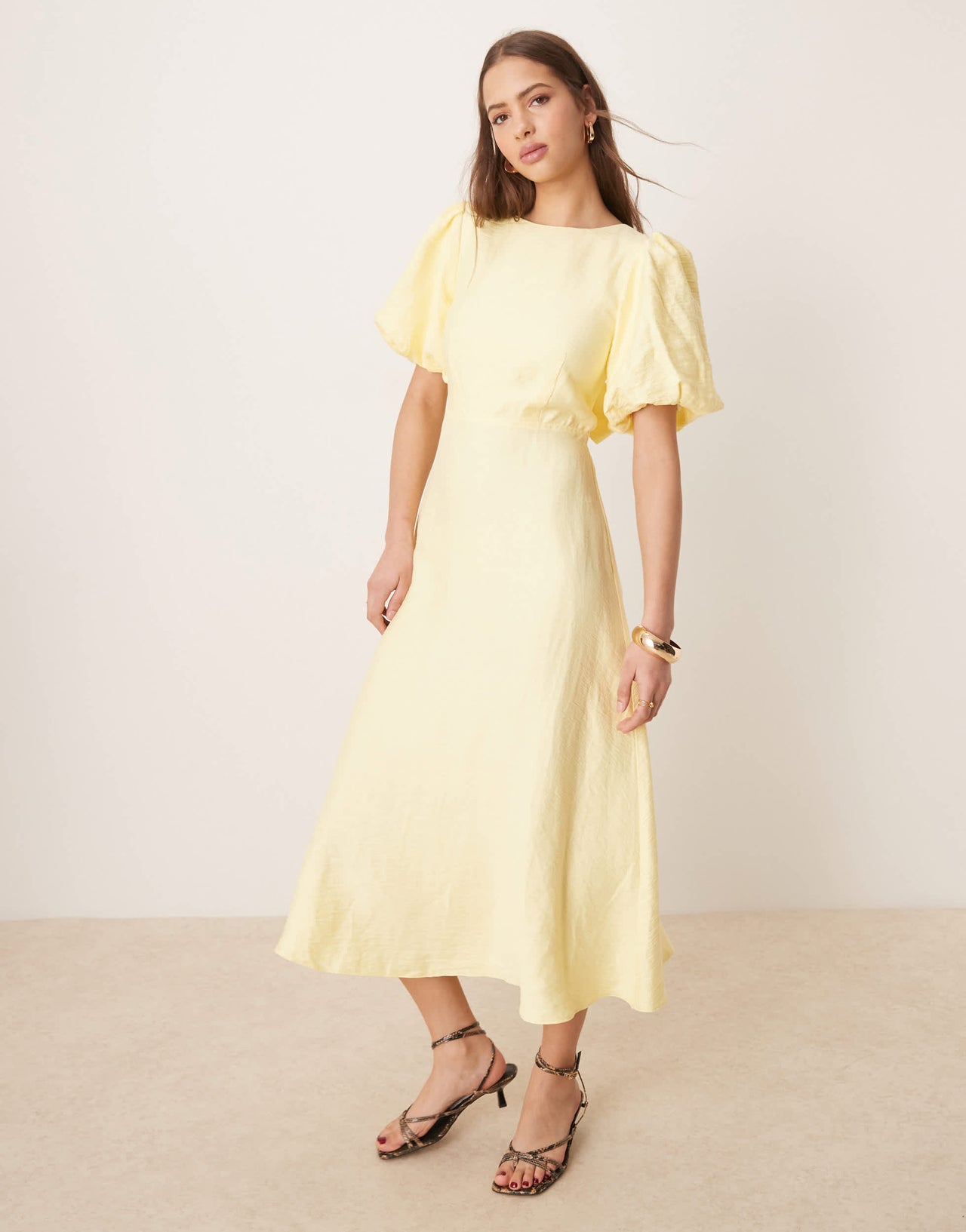 Nobody's Child Zola puff sleeve midi dress in yellow