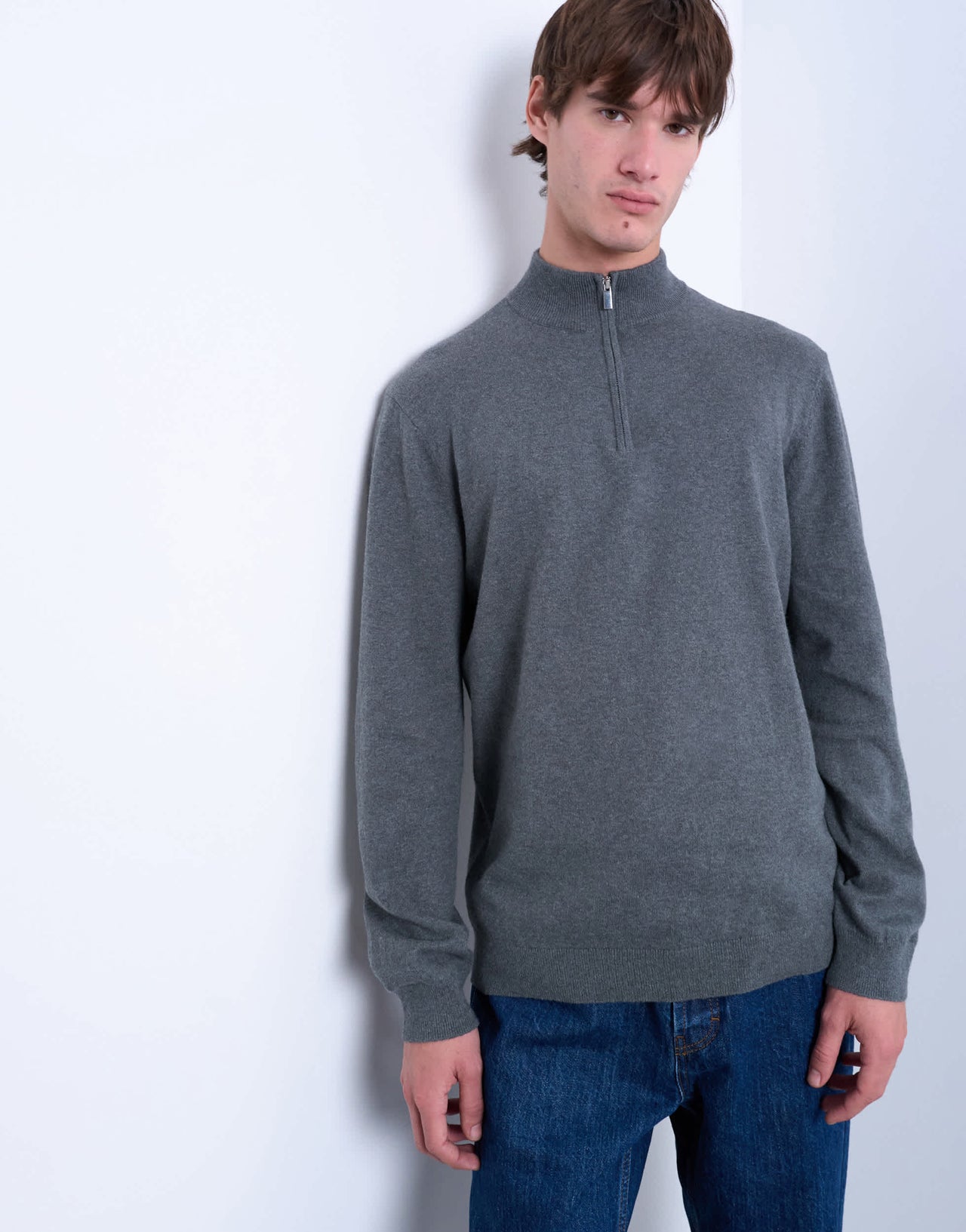 Topman essential knitted 1/4 zip funnel in charcoal