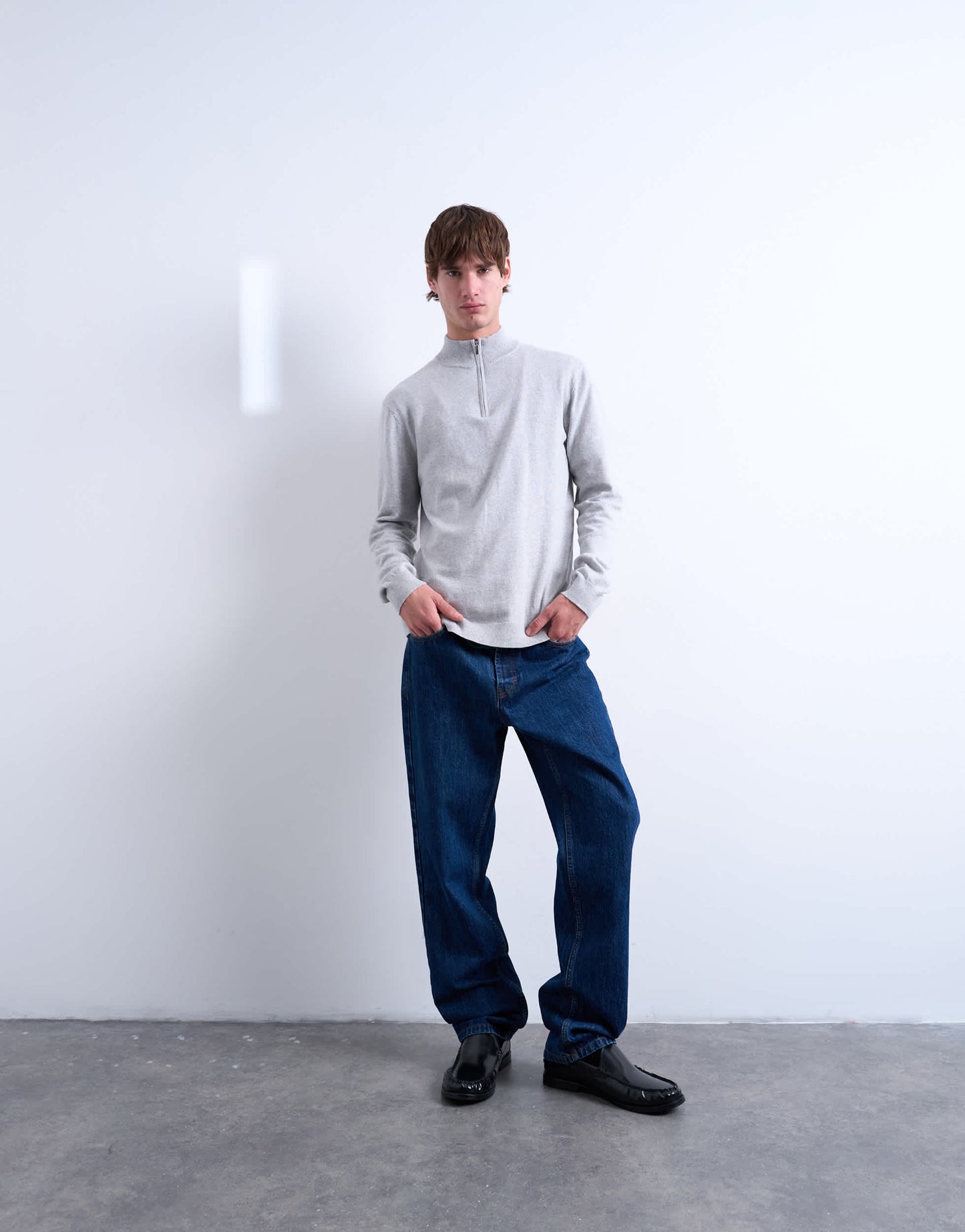 Topman essential knitted 1/4 zip funnel in light grey