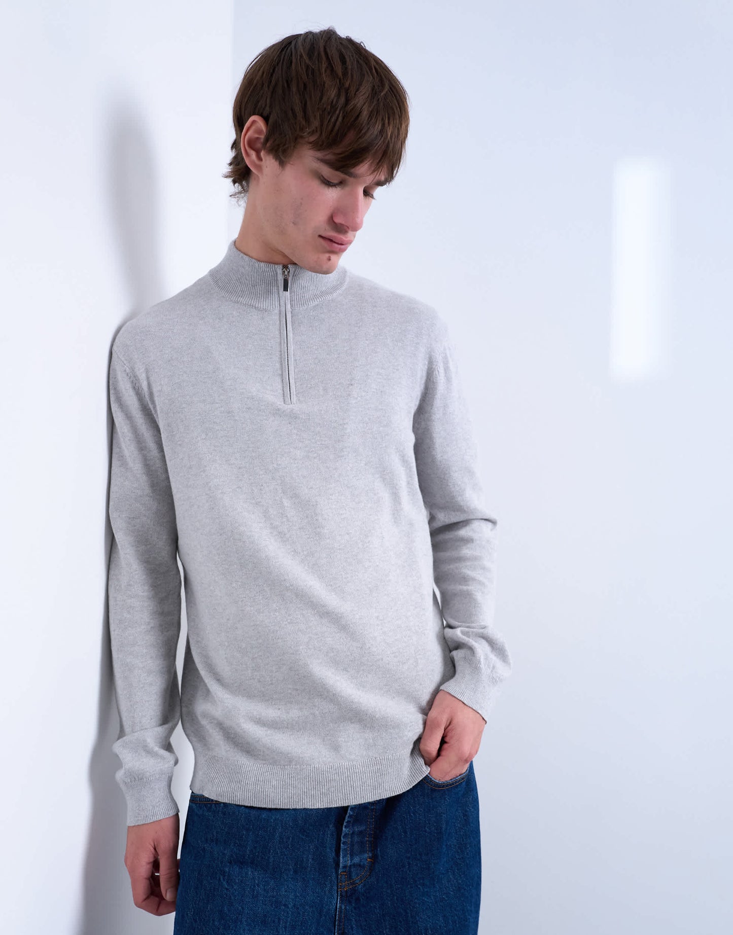 Topman essential knitted 1/4 zip funnel in light grey