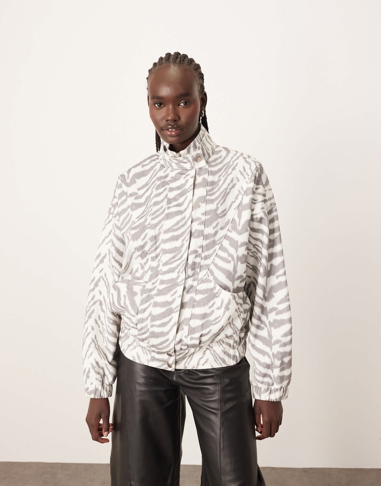 ARRANGE denim bomber jacket with seam detail in tiger print