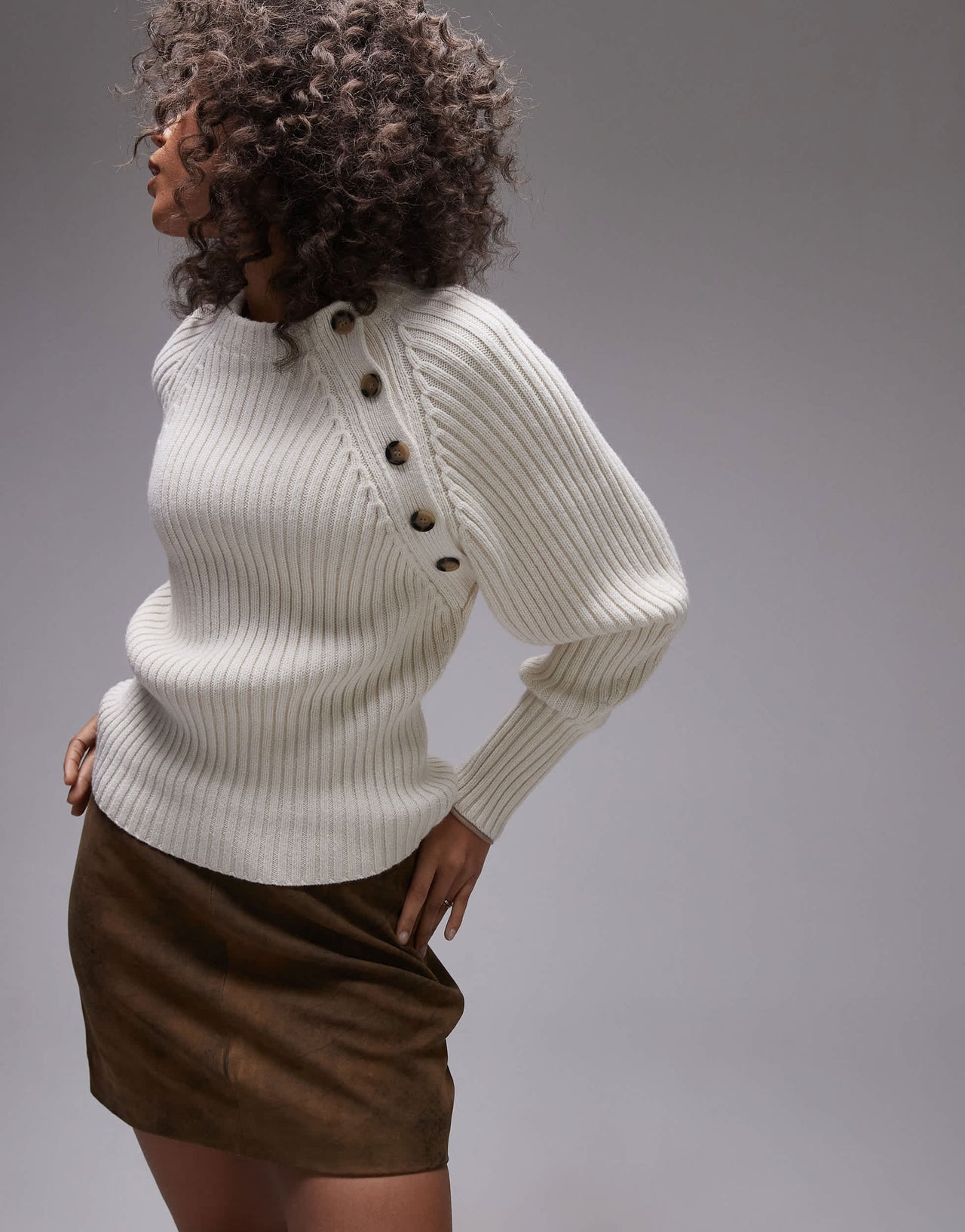 ARKET knitted jumper with button shoulder detail in off-white