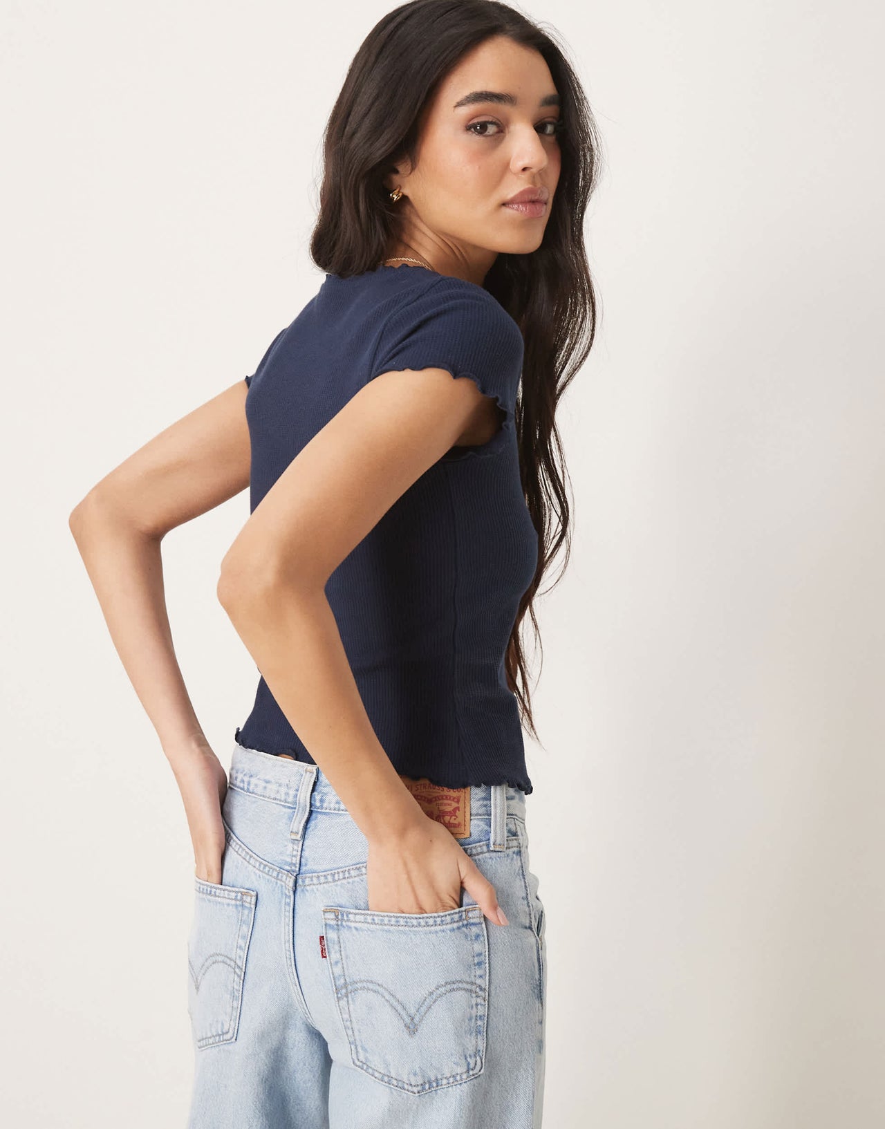 ASOS DESIGN waffle v neck t-shirt with overlock trim in navy