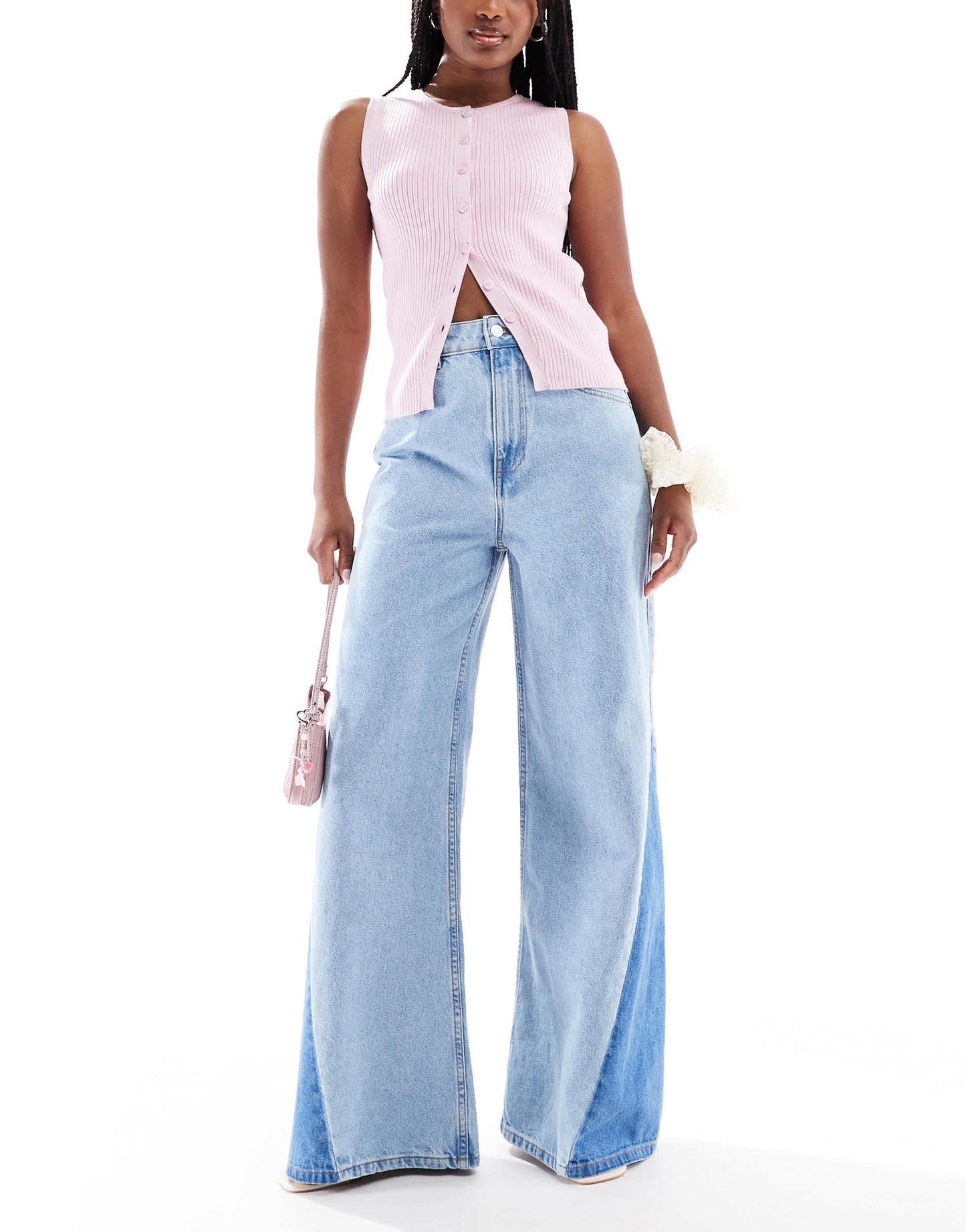 ASOS DESIGN high waisted palazzo jeans with rips and let down hem