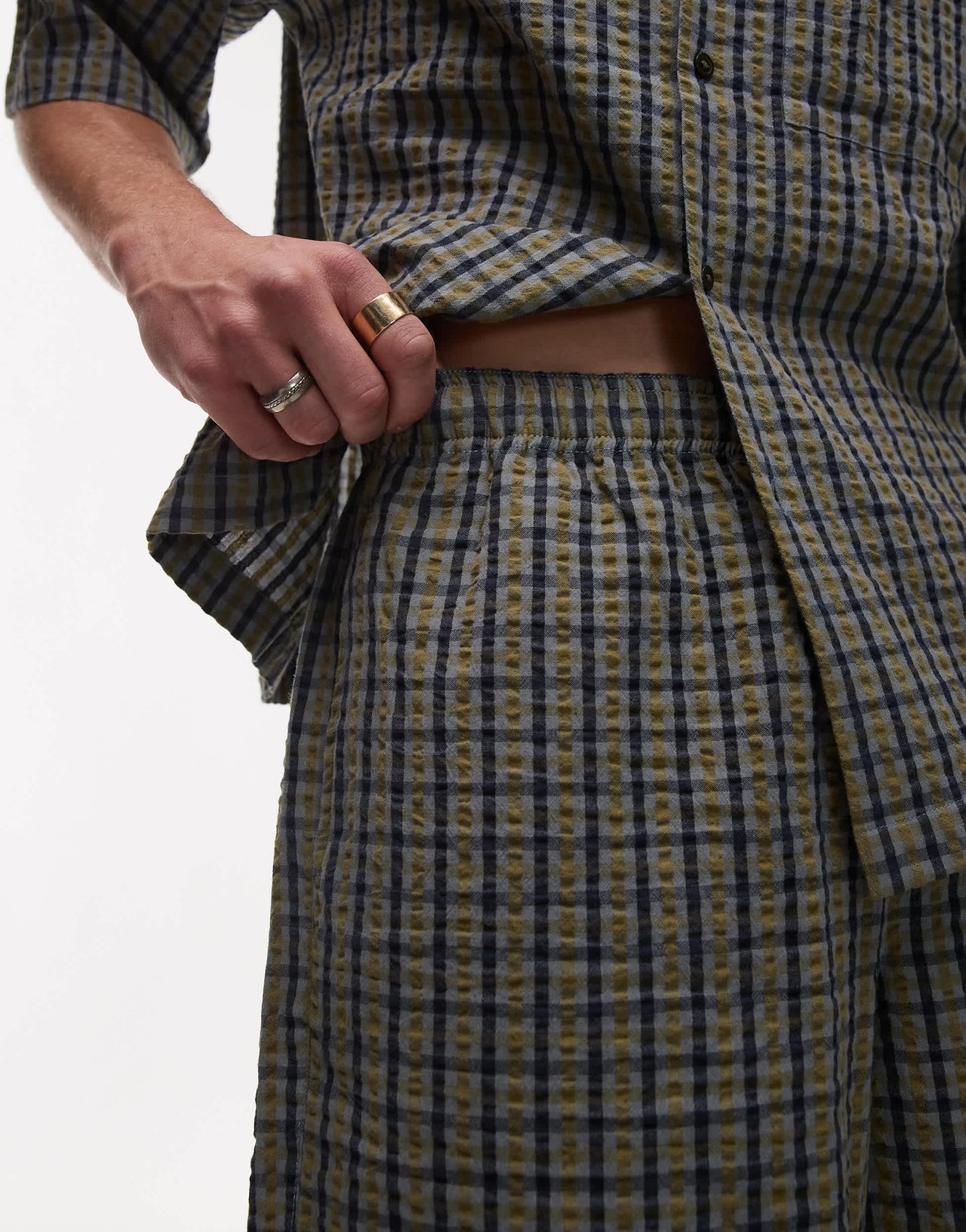 Topman seersucker check short in green