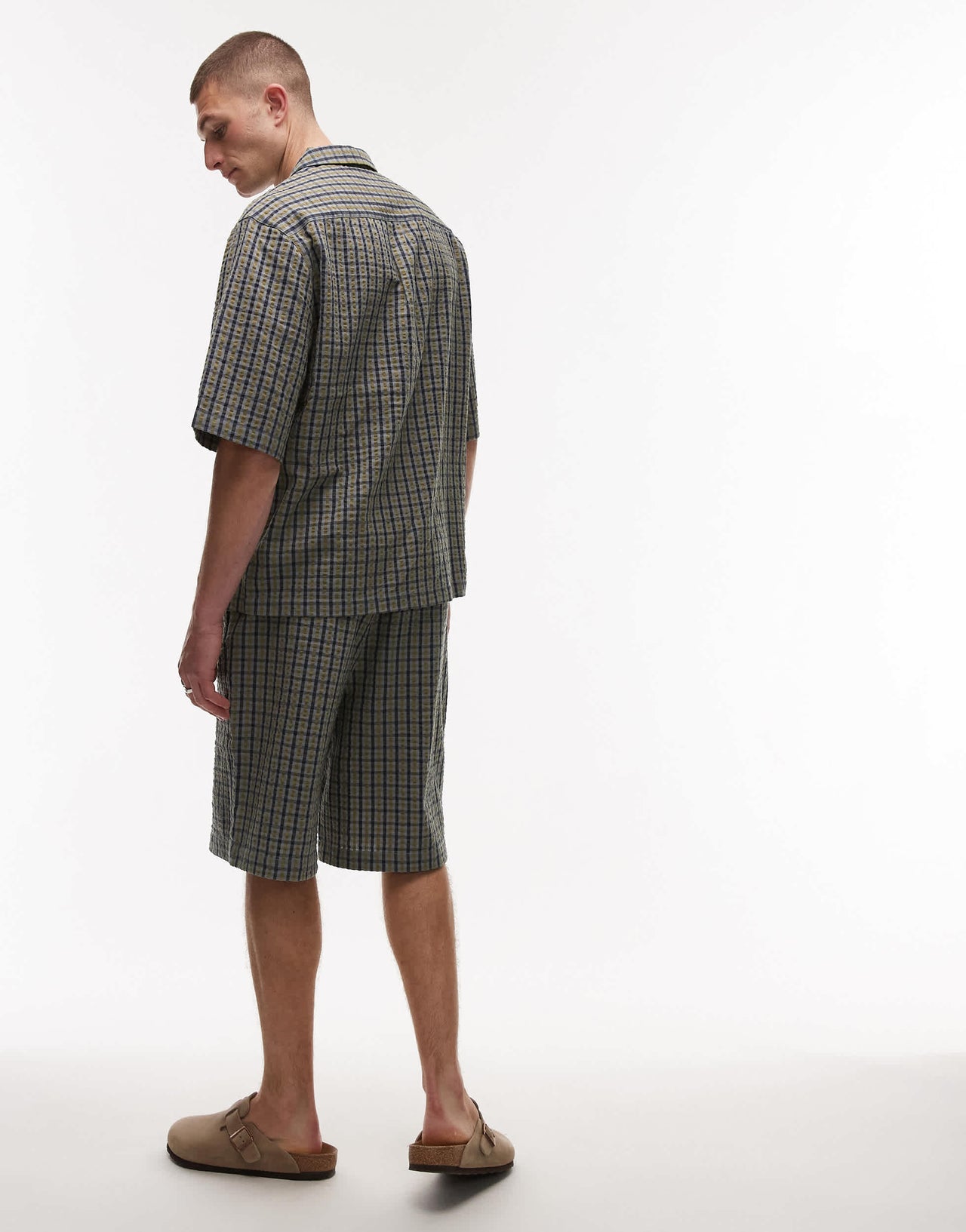 Topman seersucker check short in green