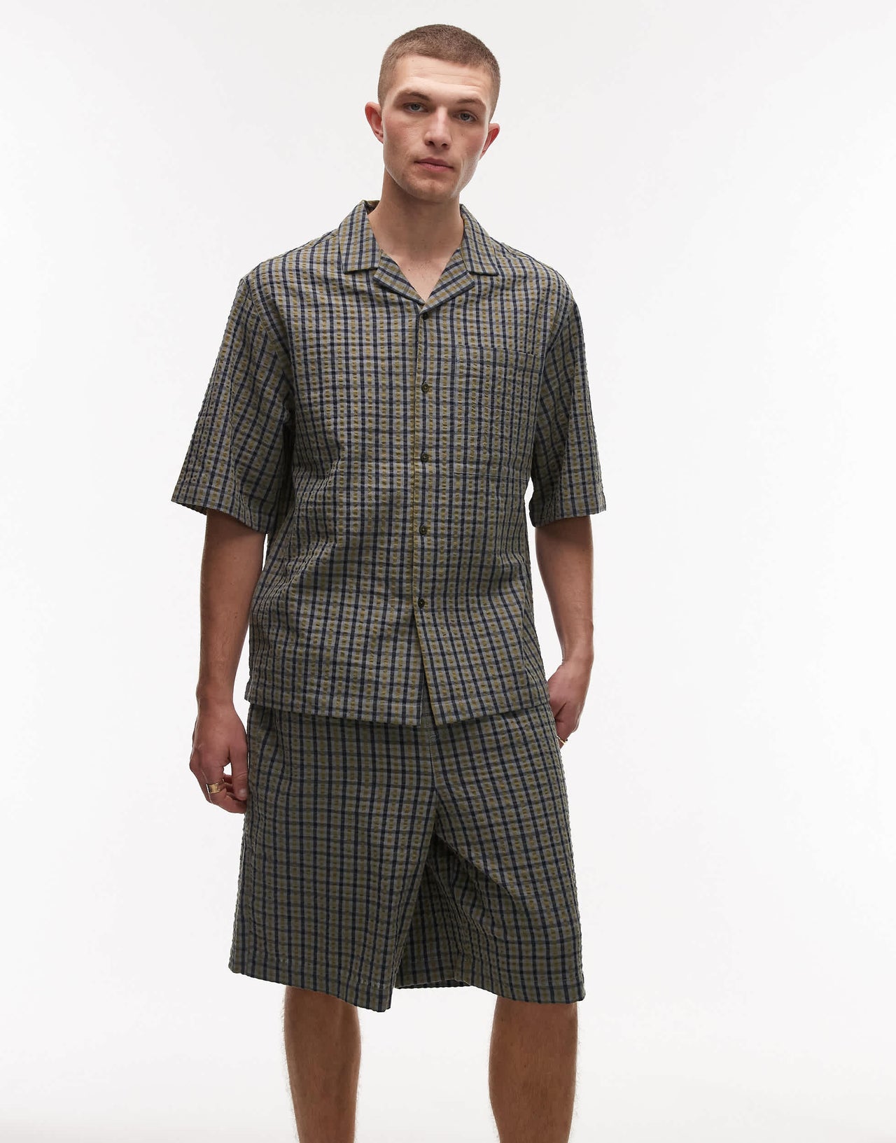 Topman seersucker check short in green
