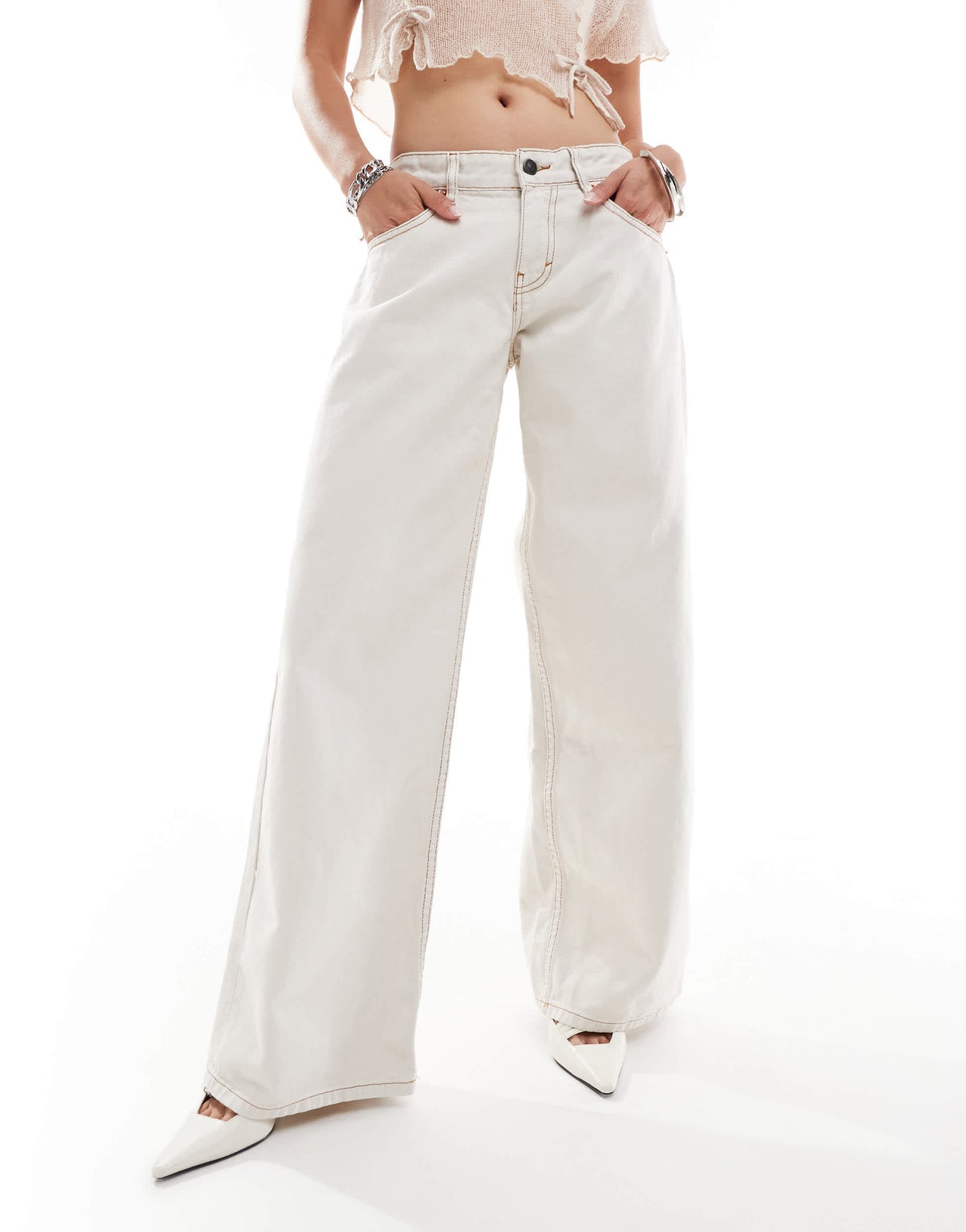 Motel roomy wide leg low rise jeans in off-white