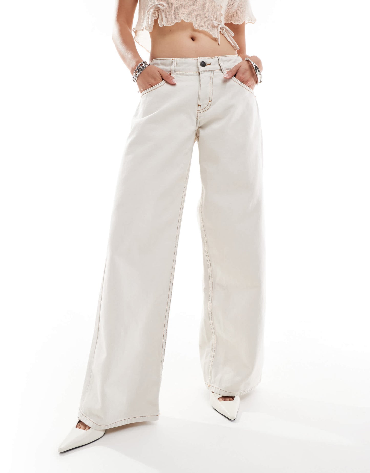 Motel roomy wide leg low rise jeans in off-white