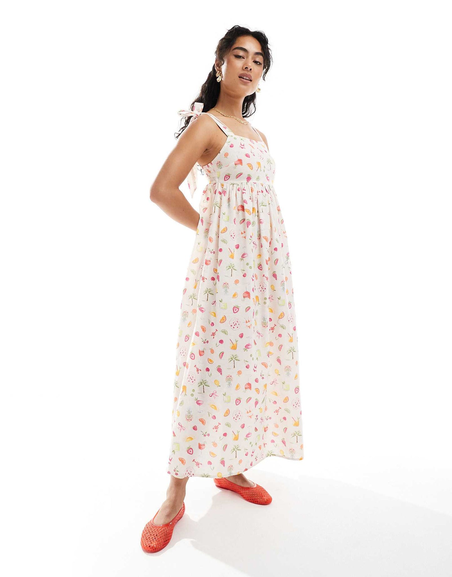 Miss Selfridge tie shoulder maxi dress in fruit print