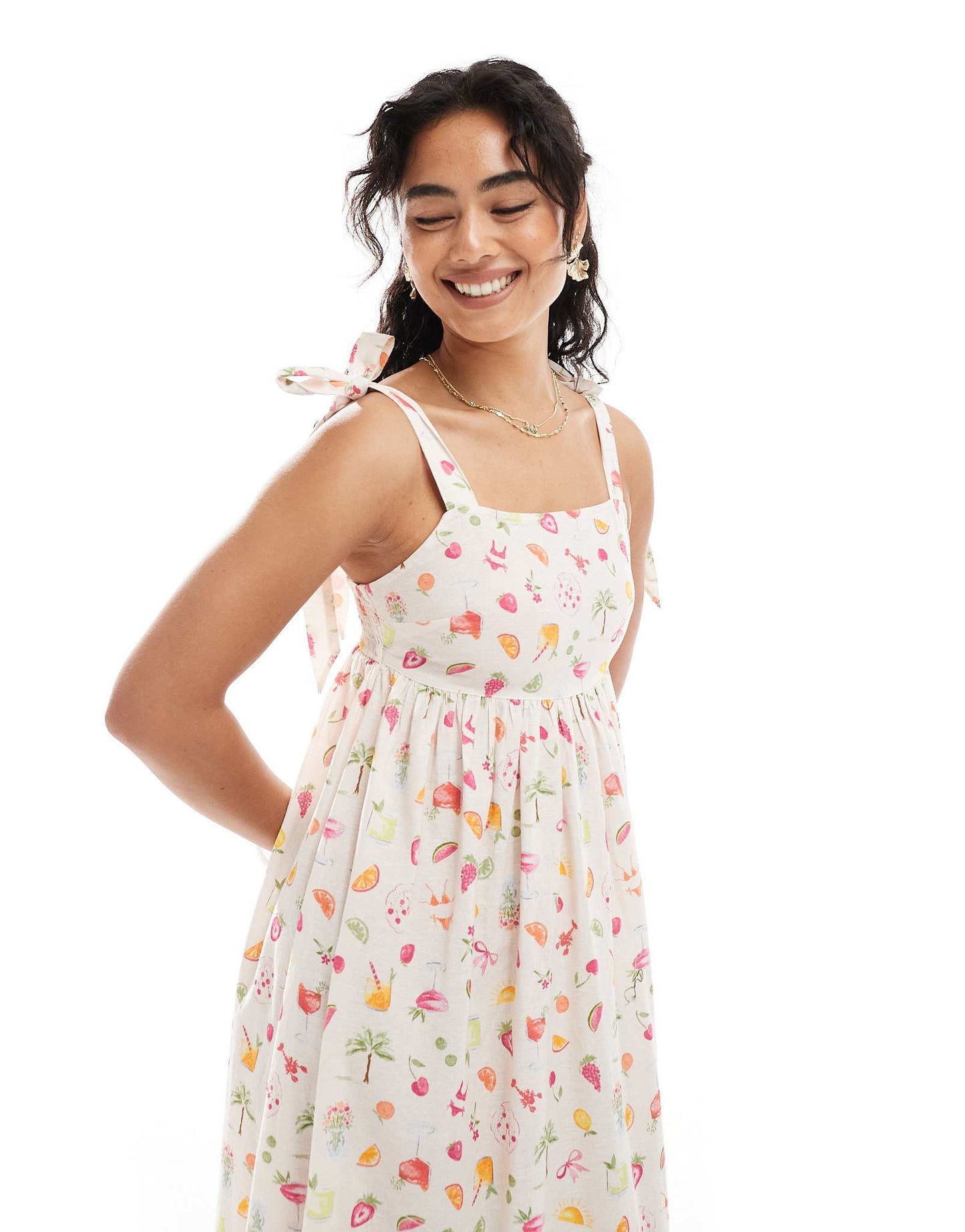 Miss Selfridge tie shoulder maxi dress in fruit print