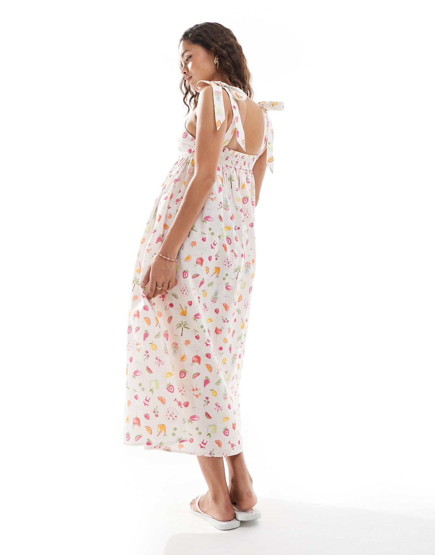 Miss Selfridge Petite tie shoulder maxi dress in fruit print
