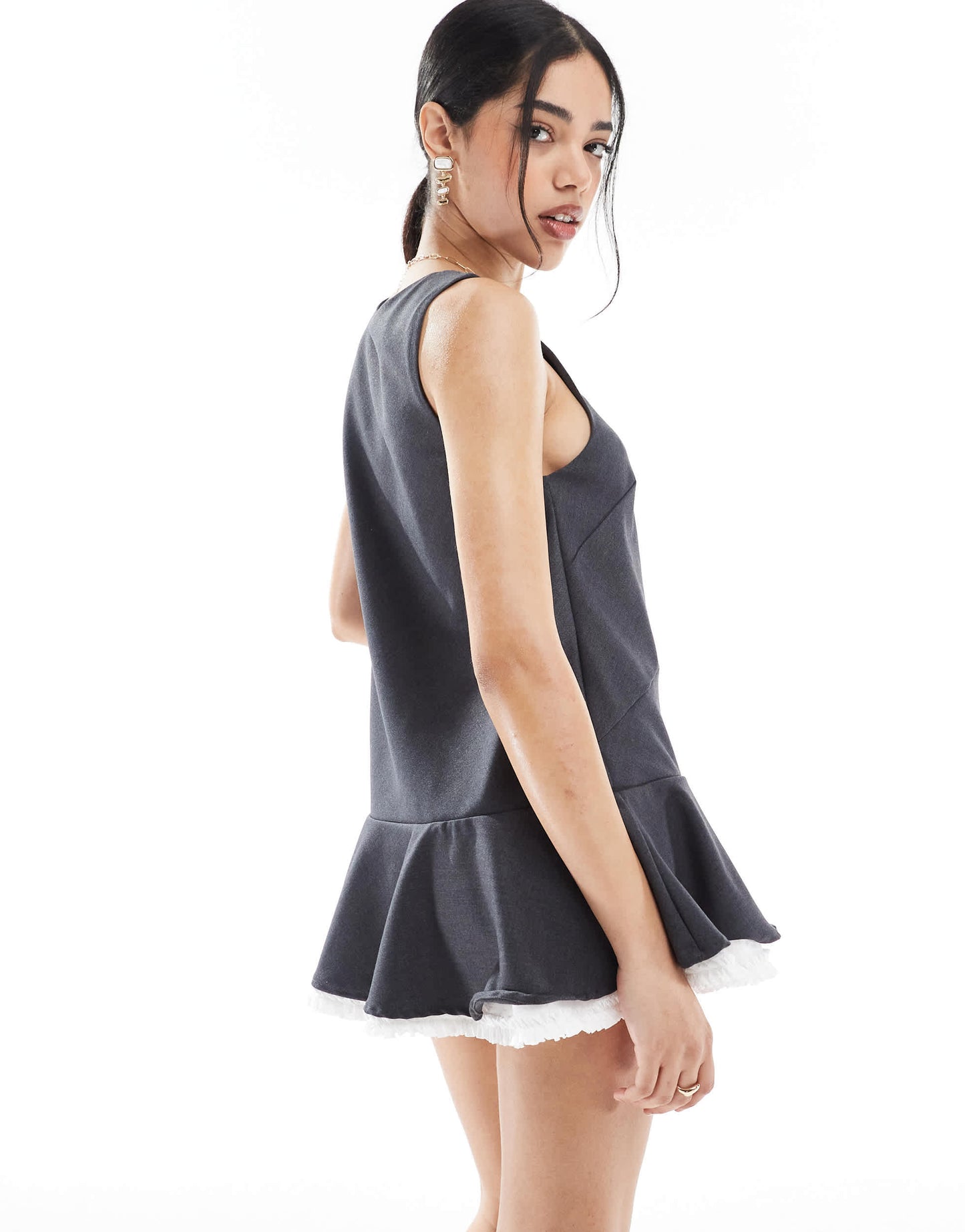 Monki mini dress with lace trim in grey