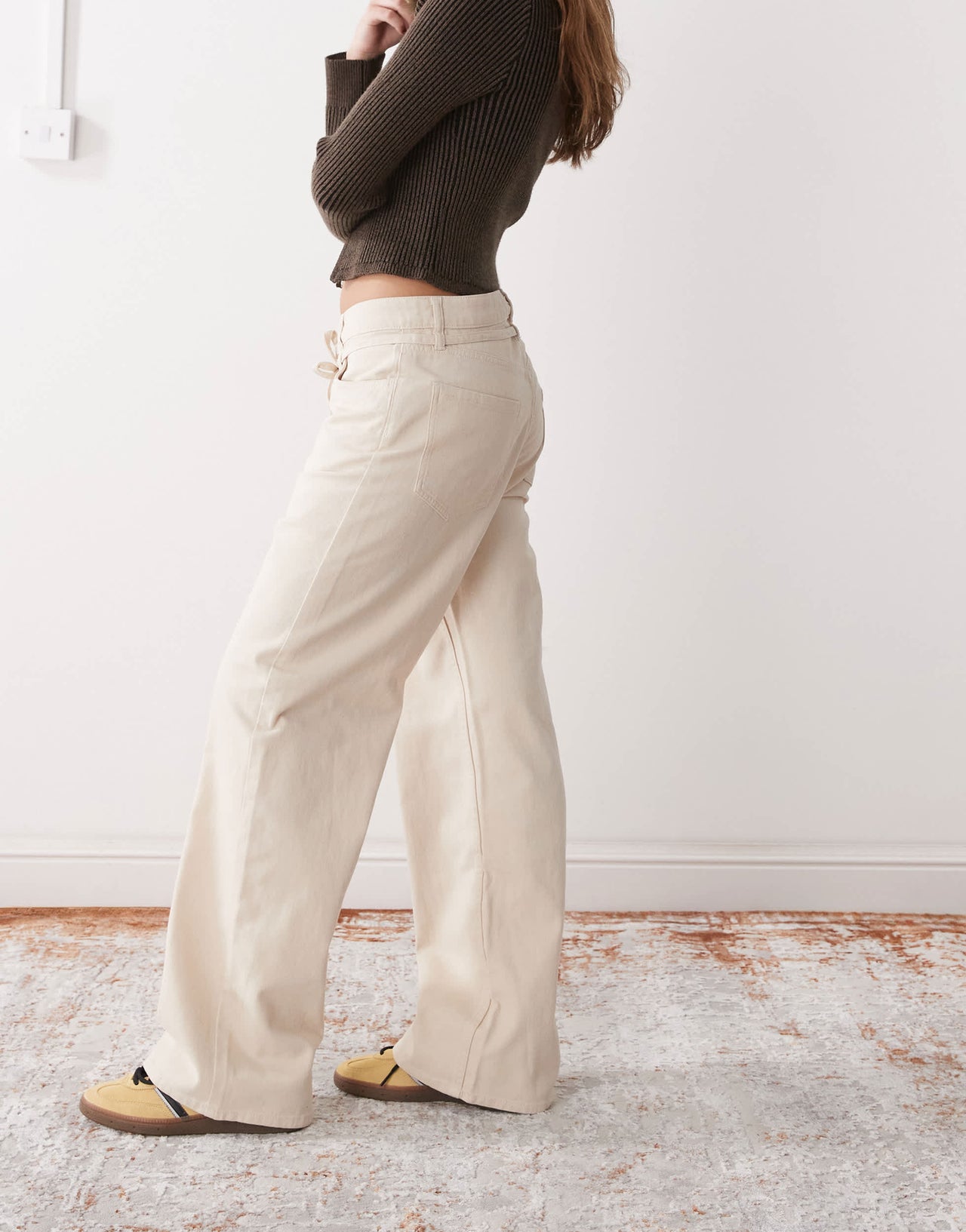 Monki tie waist wide leg trousers in beige