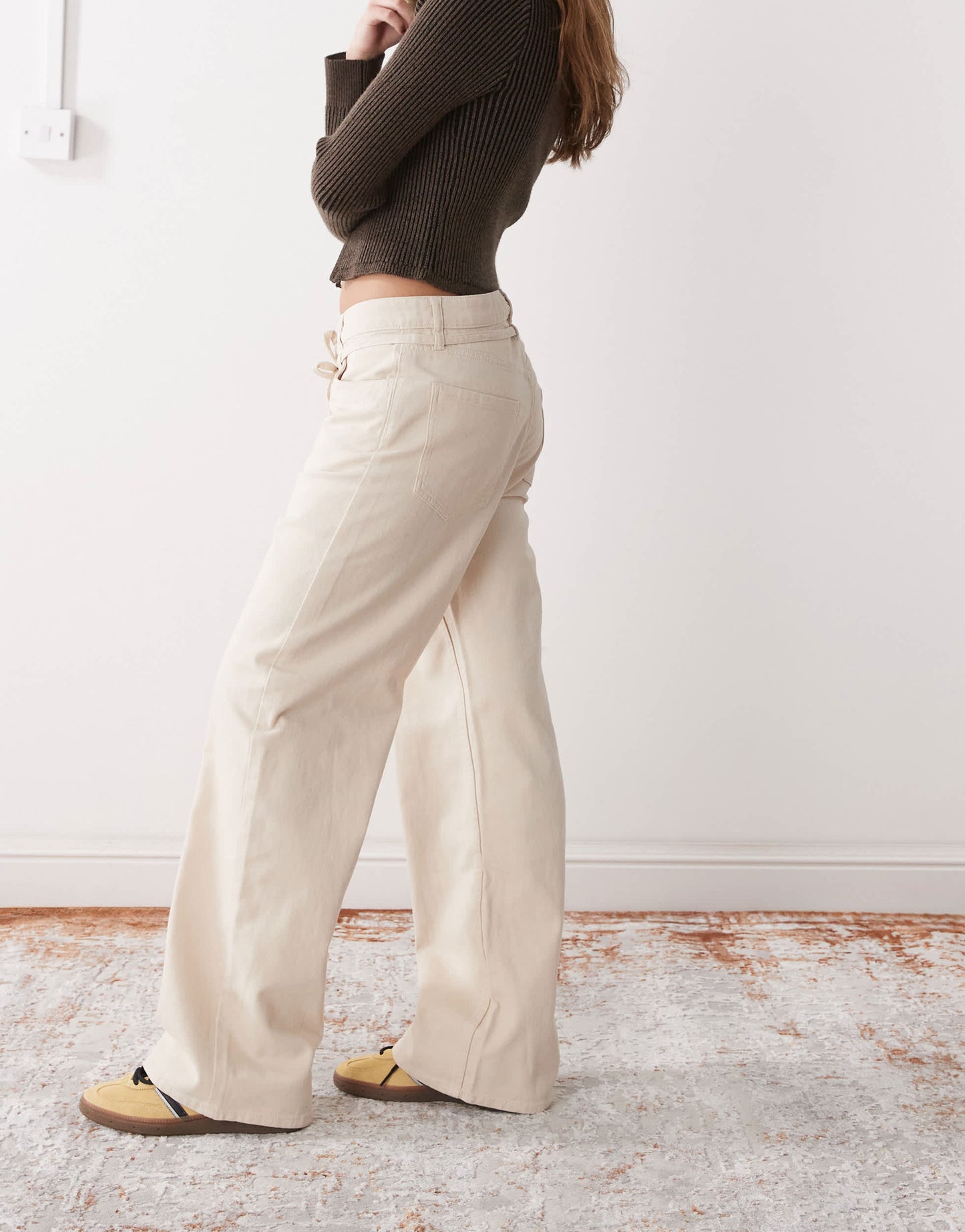 Monki tie waist wide leg trousers in beige