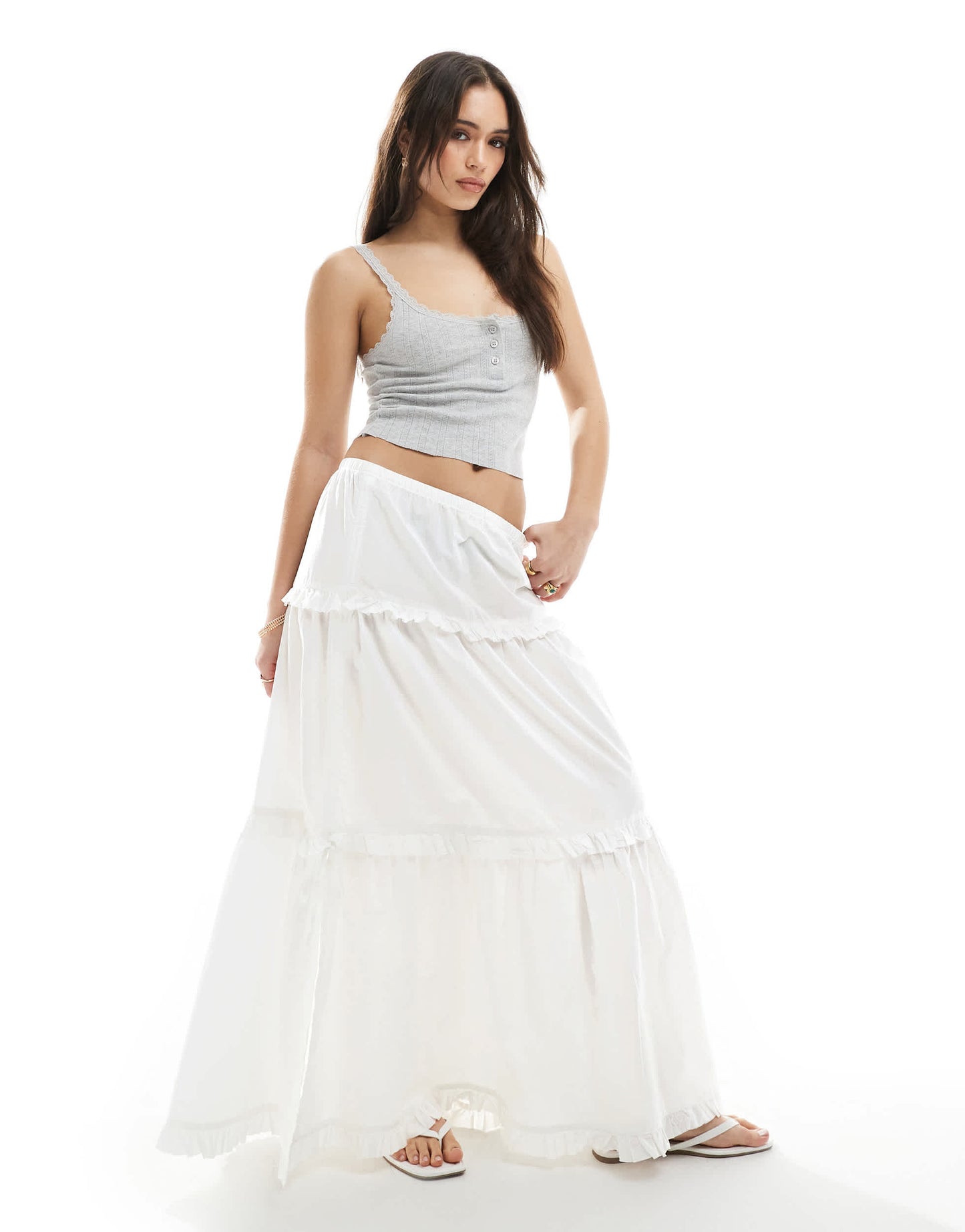 Monki tiered maxi skirt with ruffle detail in white