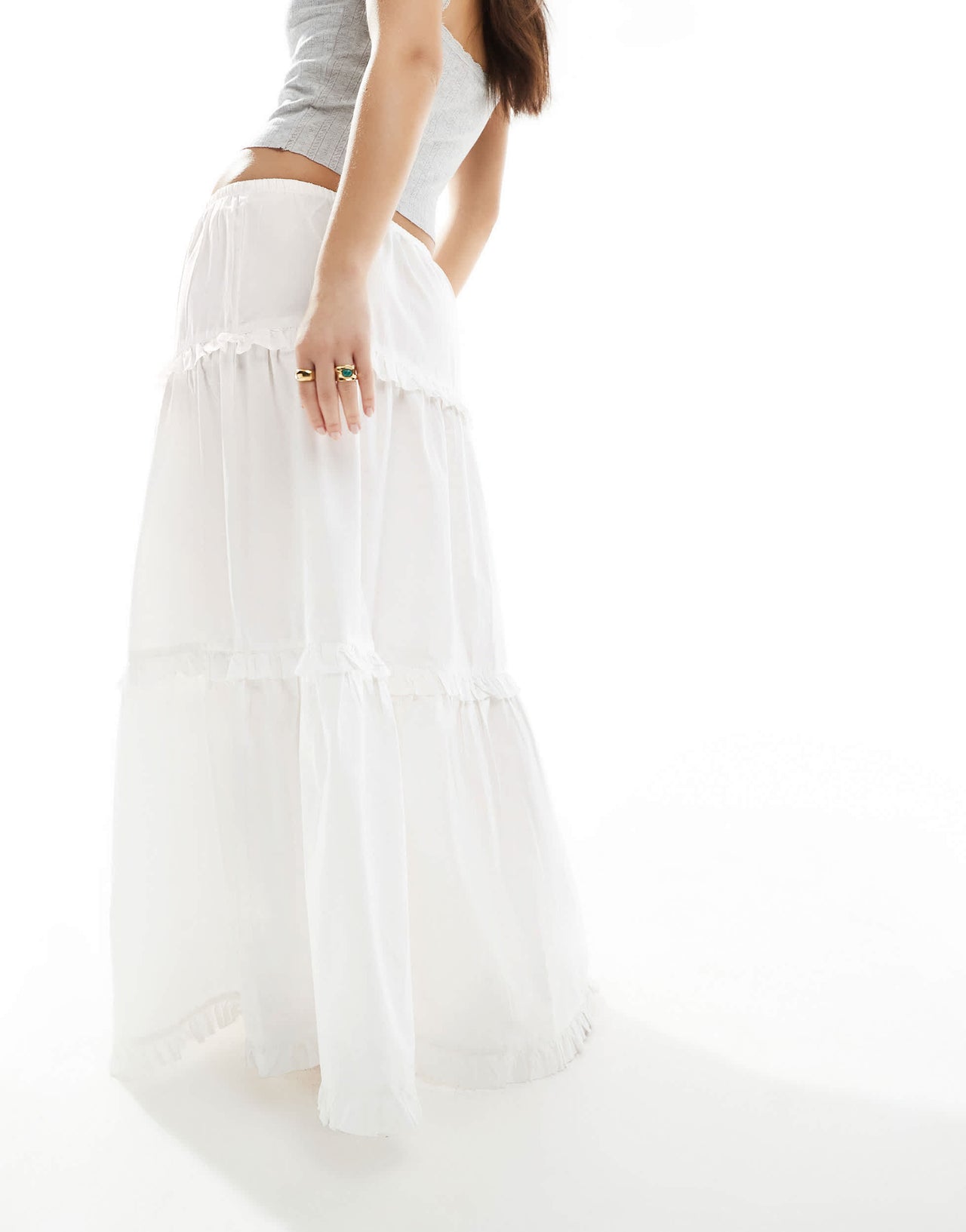Monki tiered maxi skirt with ruffle detail in white