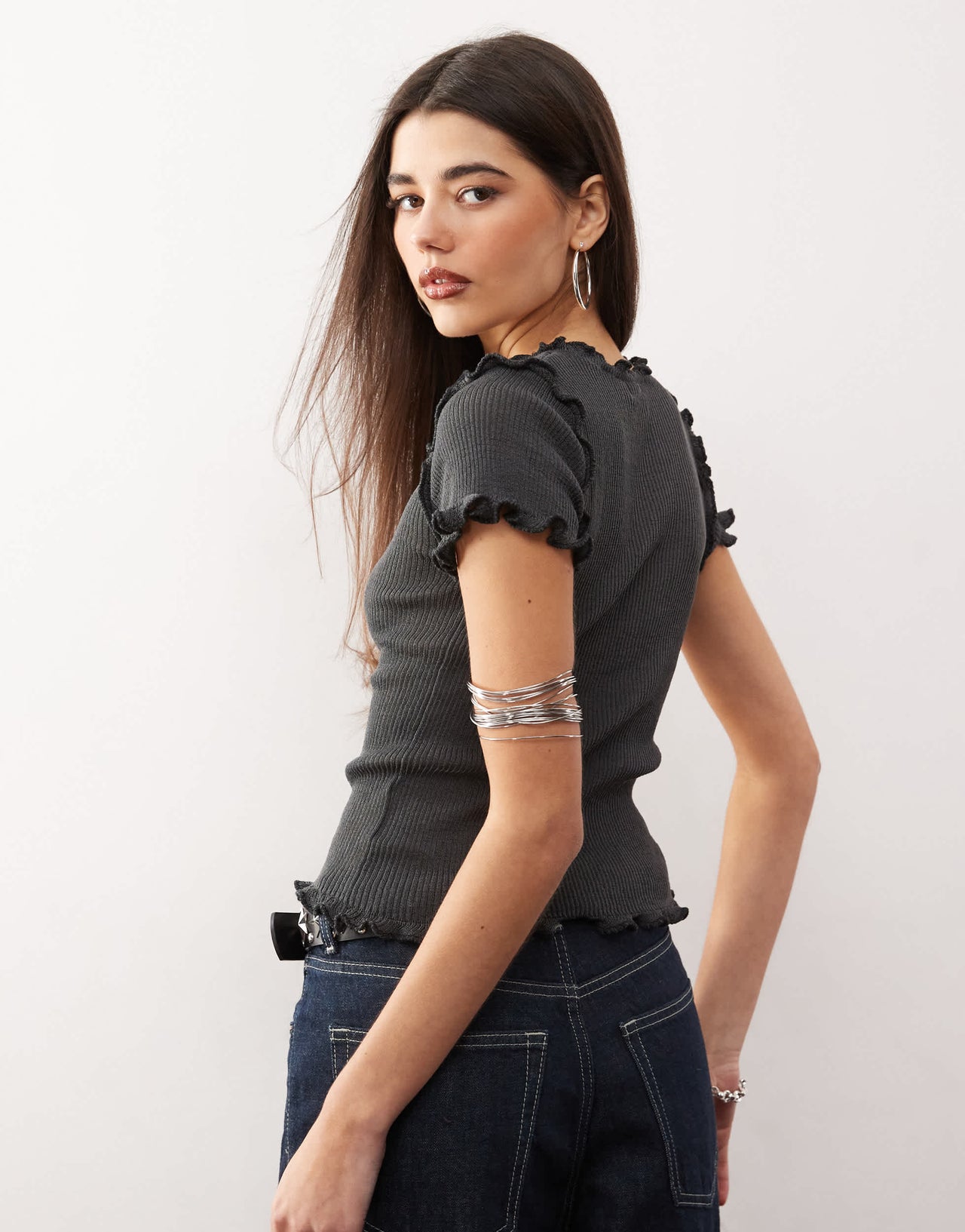 Monki structured knitted t-shirt with ruffle hem in dark grey