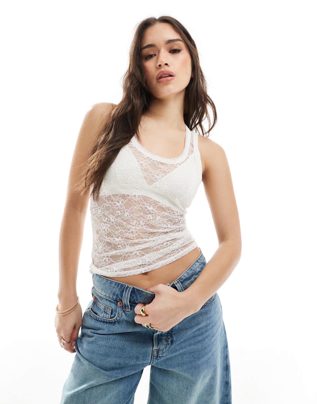 Monki lace vest with racer back in white