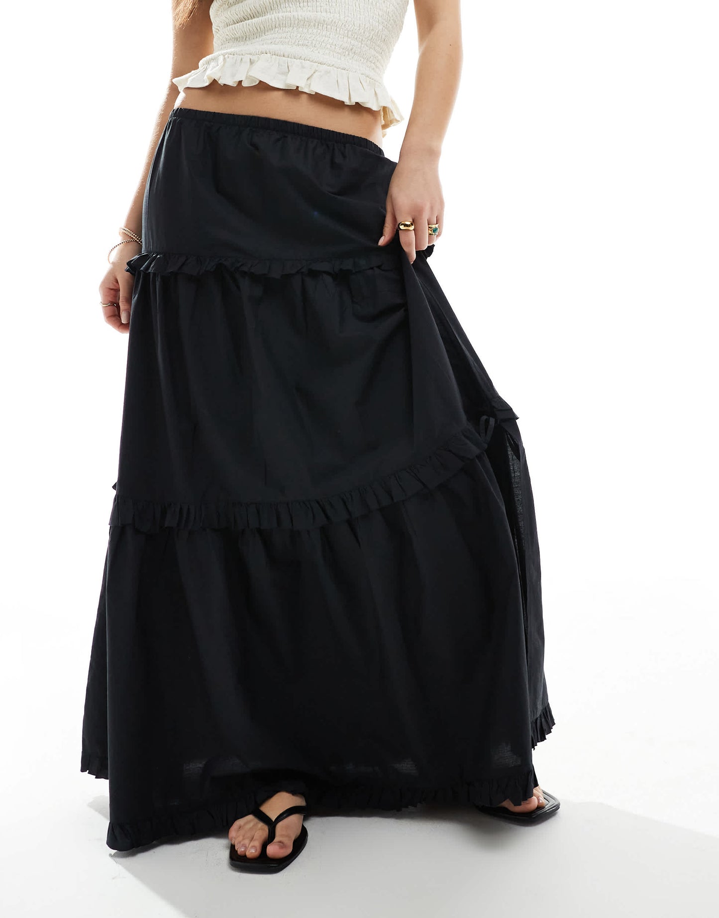 Monki tiered maxi skirt with ruffle detail in black