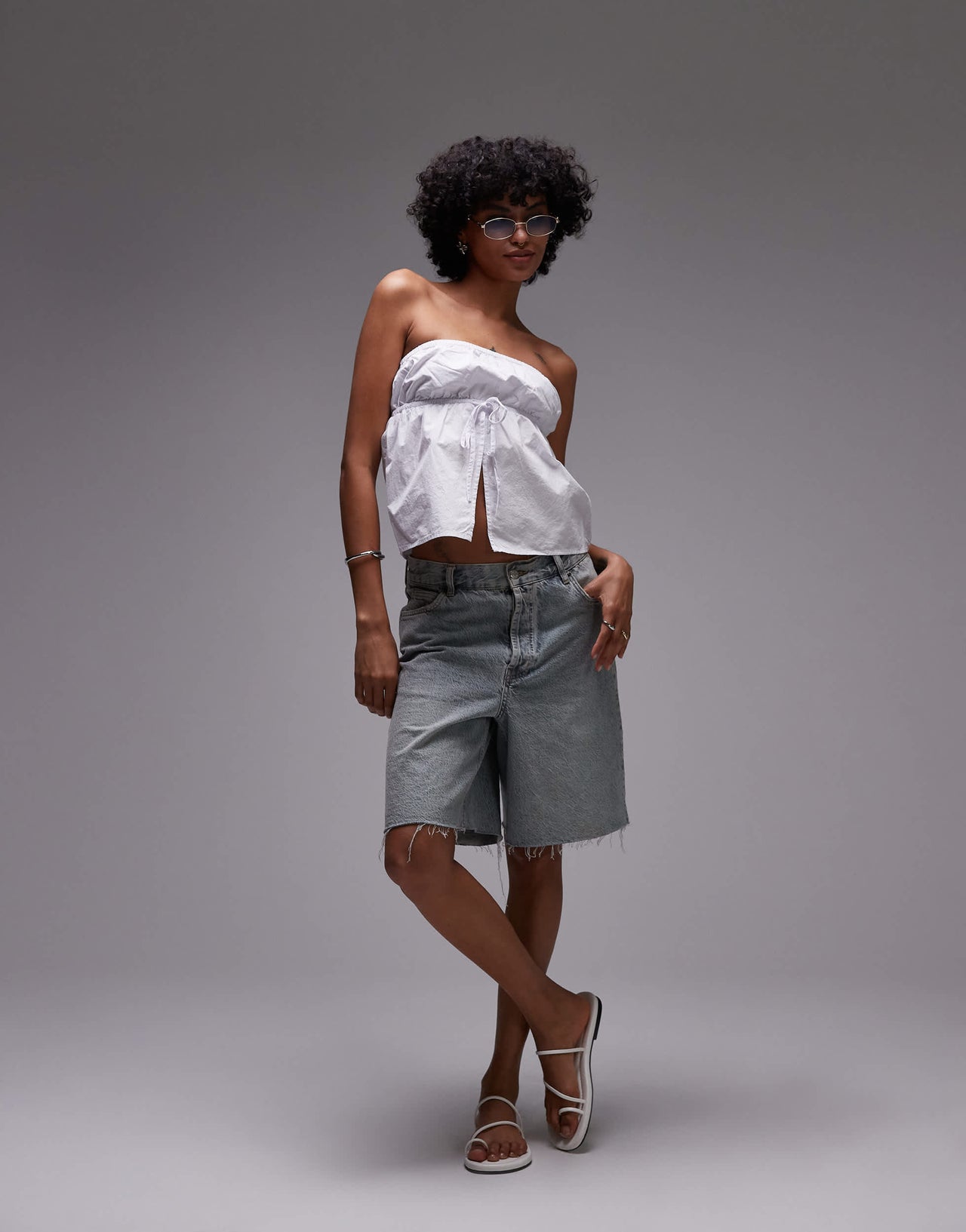Rhythm posie gathered strapless top in white