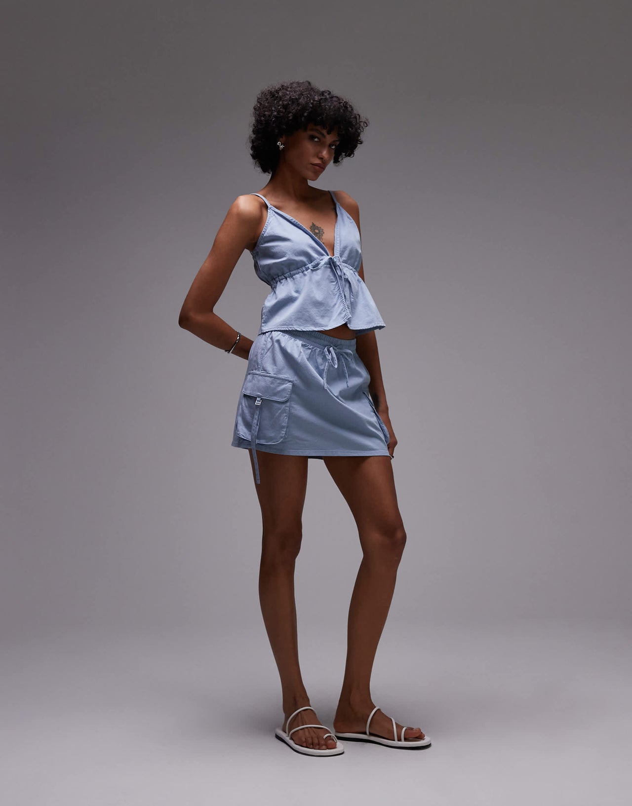 Rhythm dolly ruffle tie front top in blue