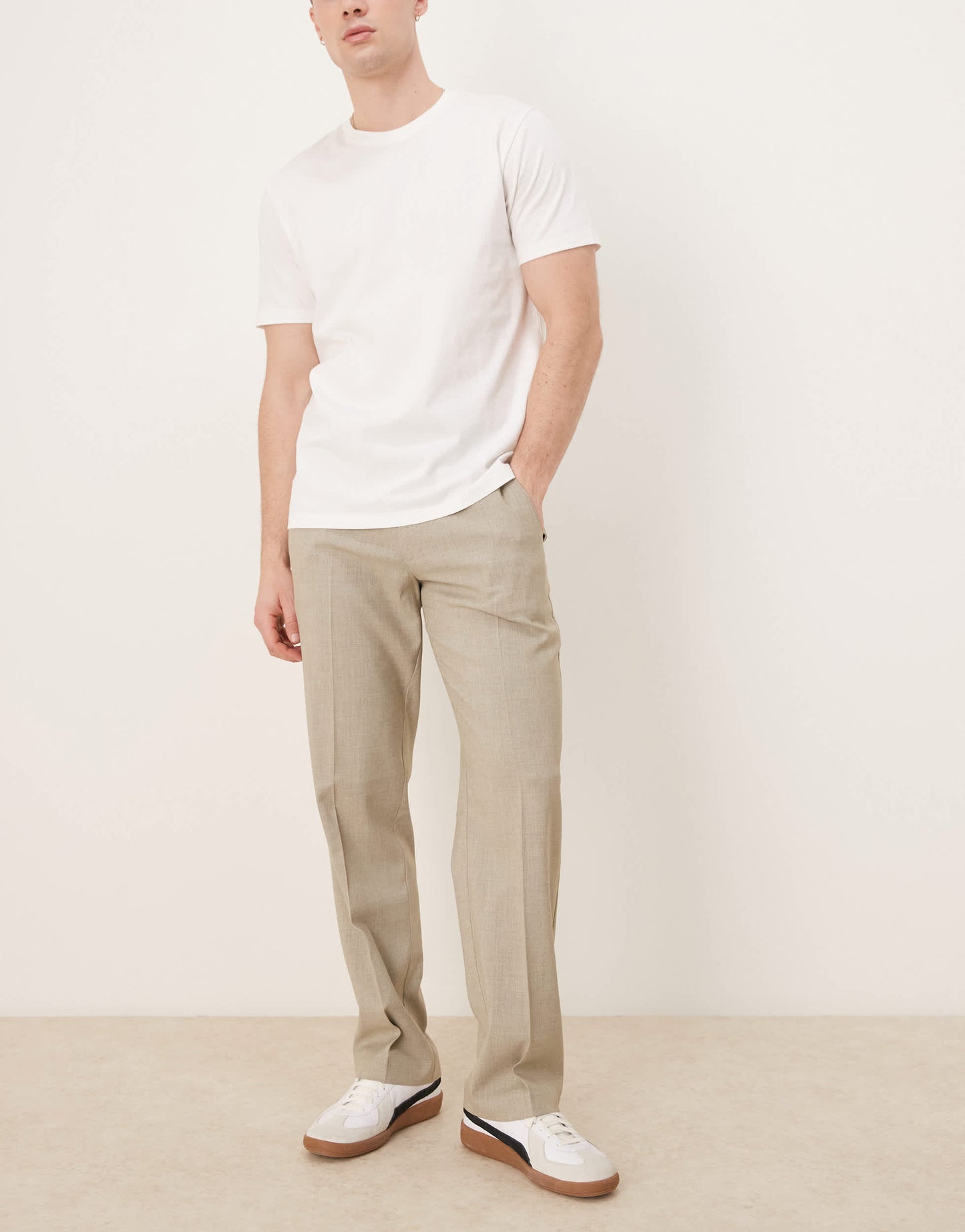 ASOS DESIGN smart straight leg trousers with side adjusters in light stone melange