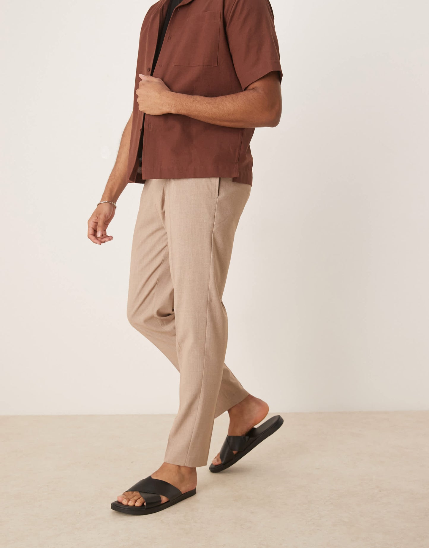 ASOS DESIGN smart tapered trousers with front pleat in stone melange