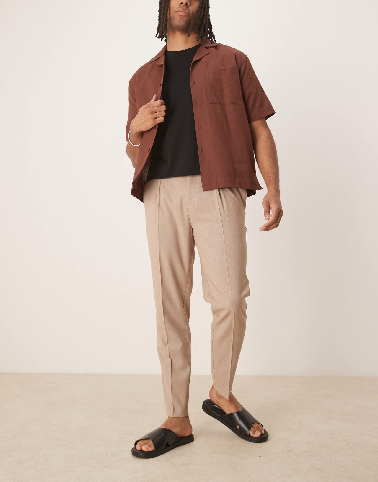 ASOS DESIGN smart tapered trousers with front pleat in stone melange
