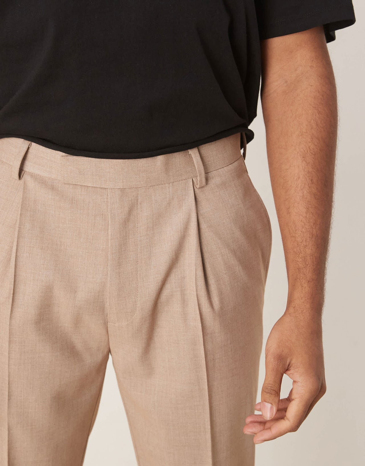 ASOS DESIGN smart tapered trousers with front pleat in stone melange