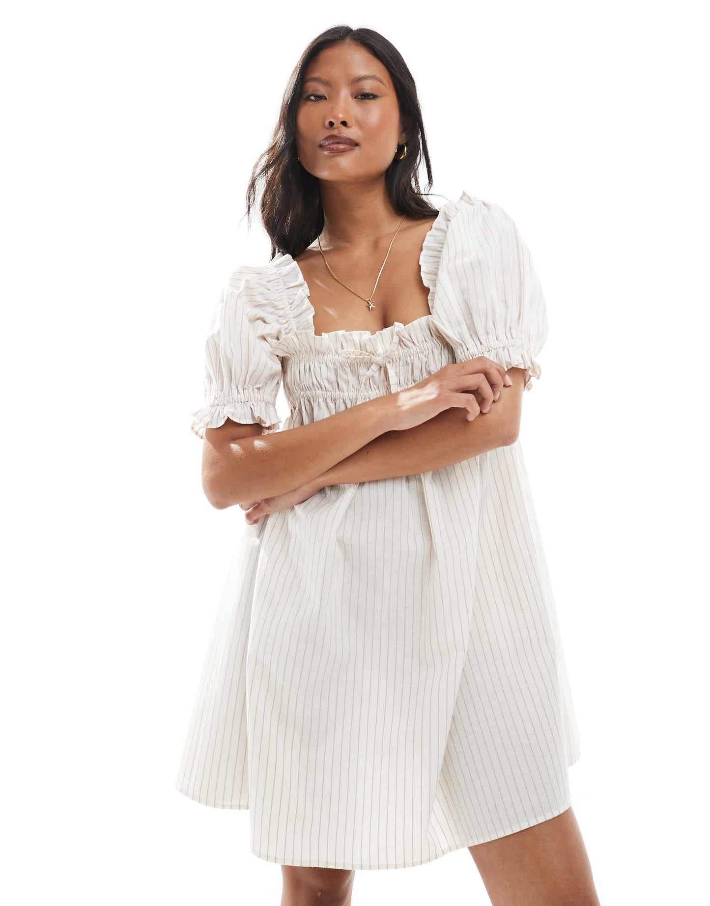 Miss Selfridge Petite yarn dyed stripe smock dress in beige stripe