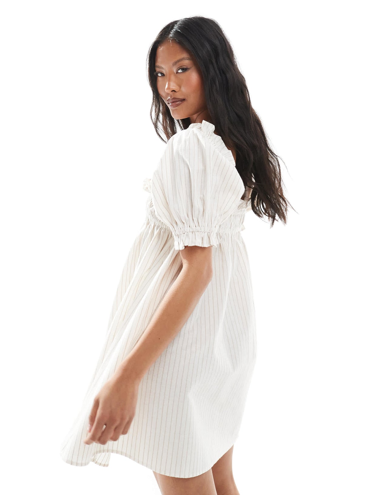 Miss Selfridge Petite yarn dyed stripe smock dress in beige stripe