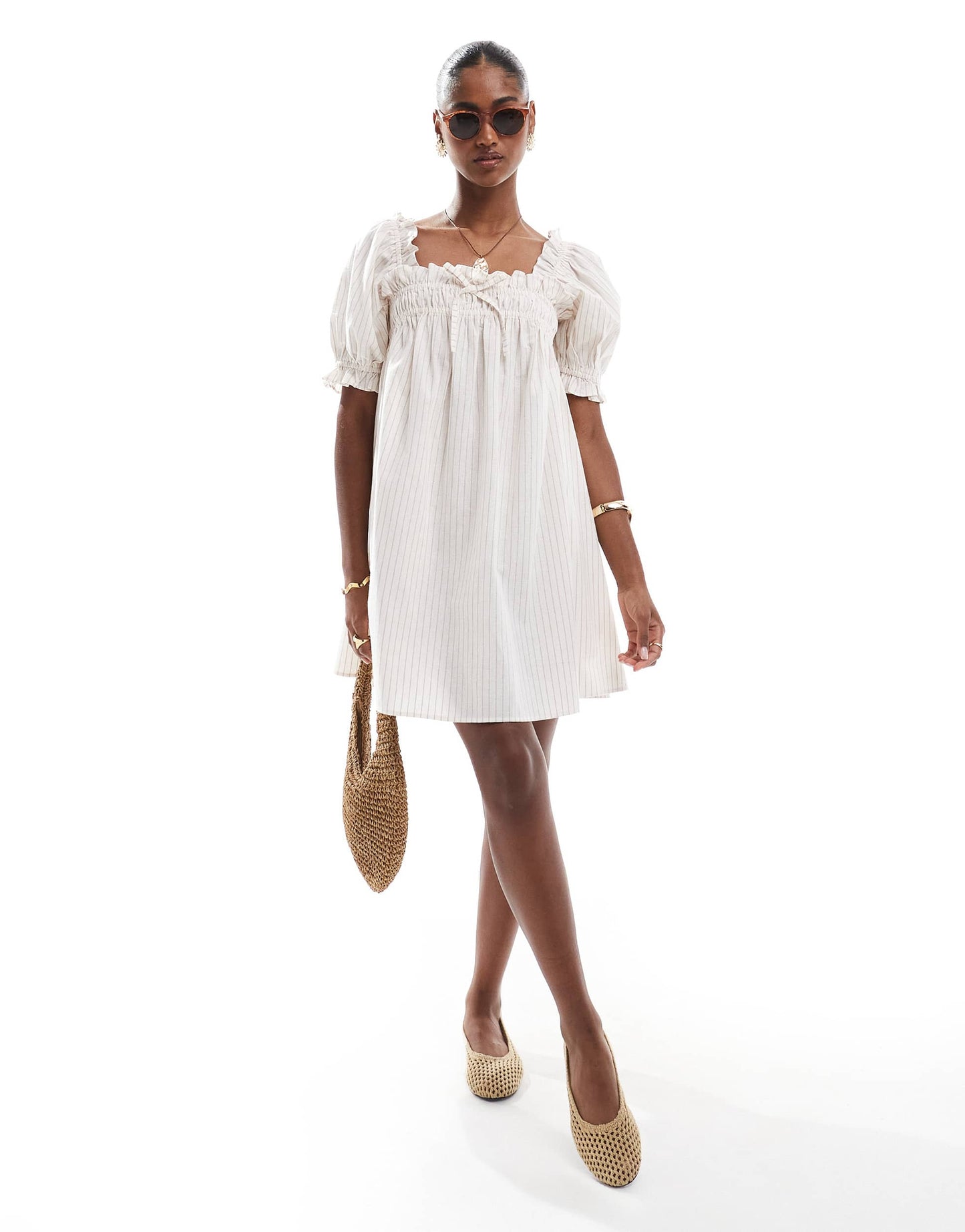 Miss Selfridge yarn dyed stripe smock dress in beige stripe