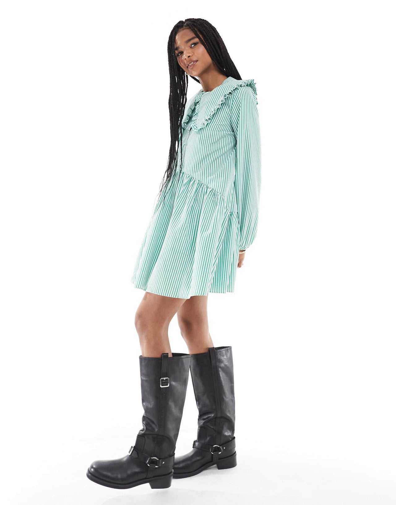 Miss Selfridge stripe oversized collar smock dress in green stripe