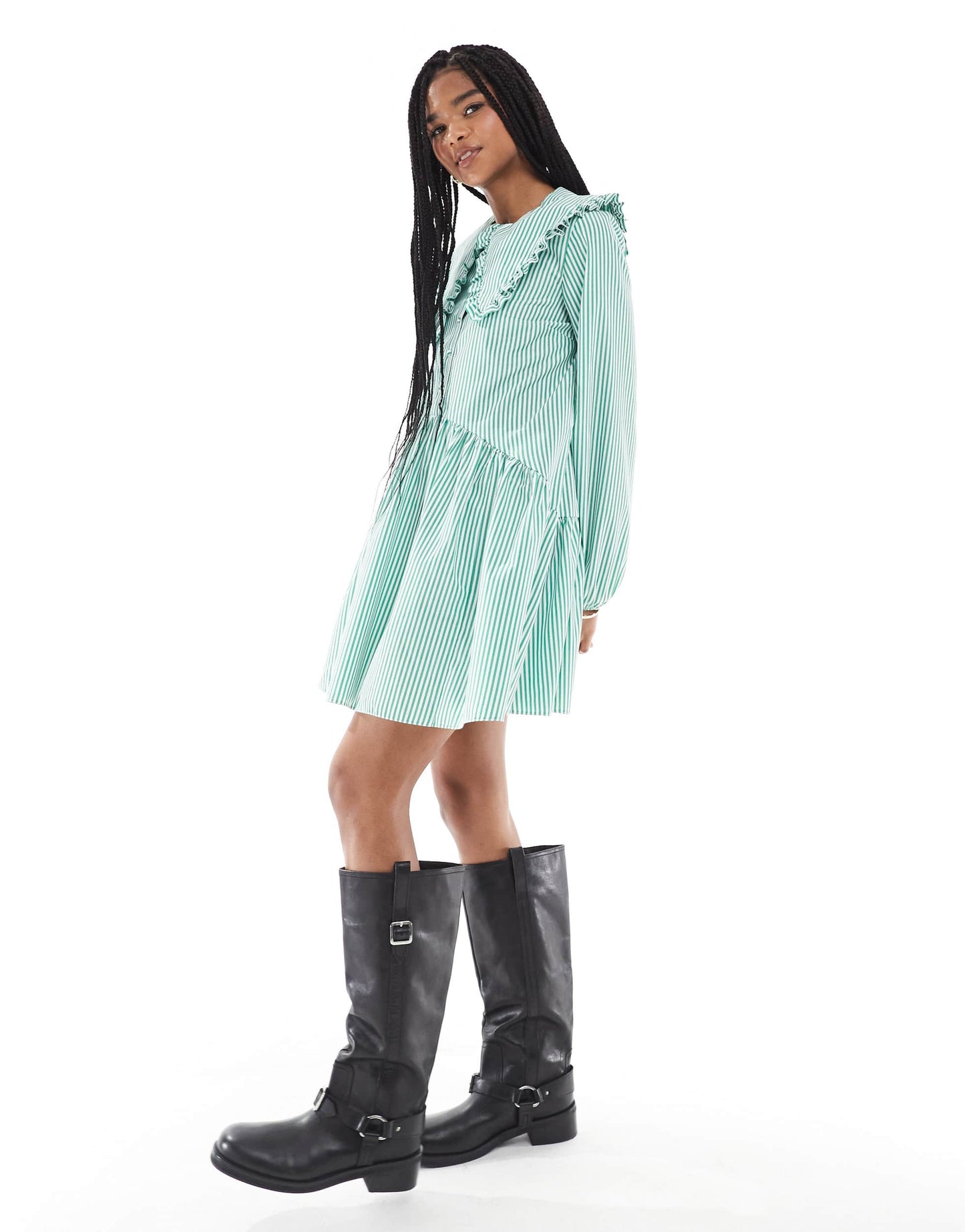 Miss Selfridge stripe oversized collar smock dress in green stripe