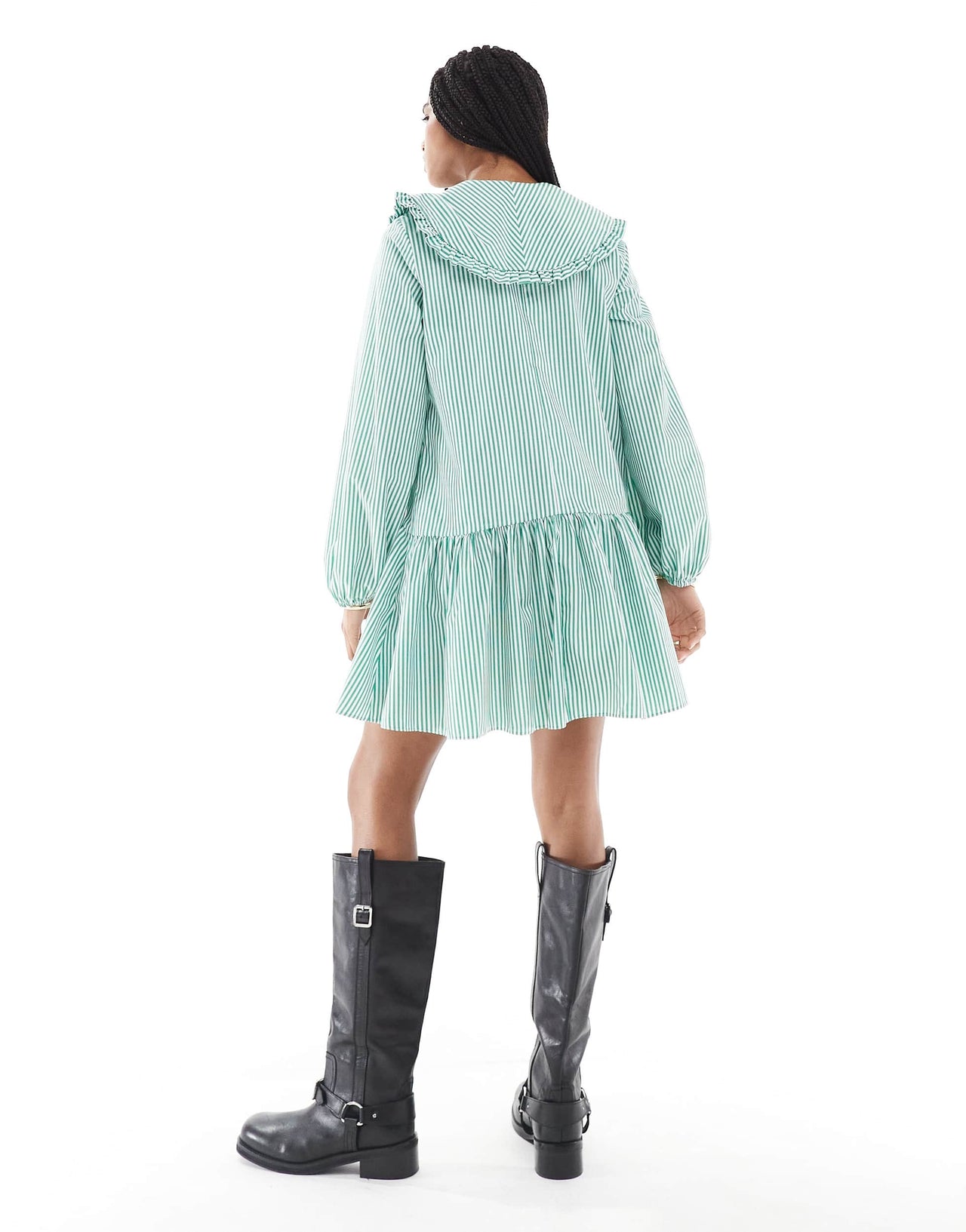Miss Selfridge stripe oversized collar smock dress in green stripe